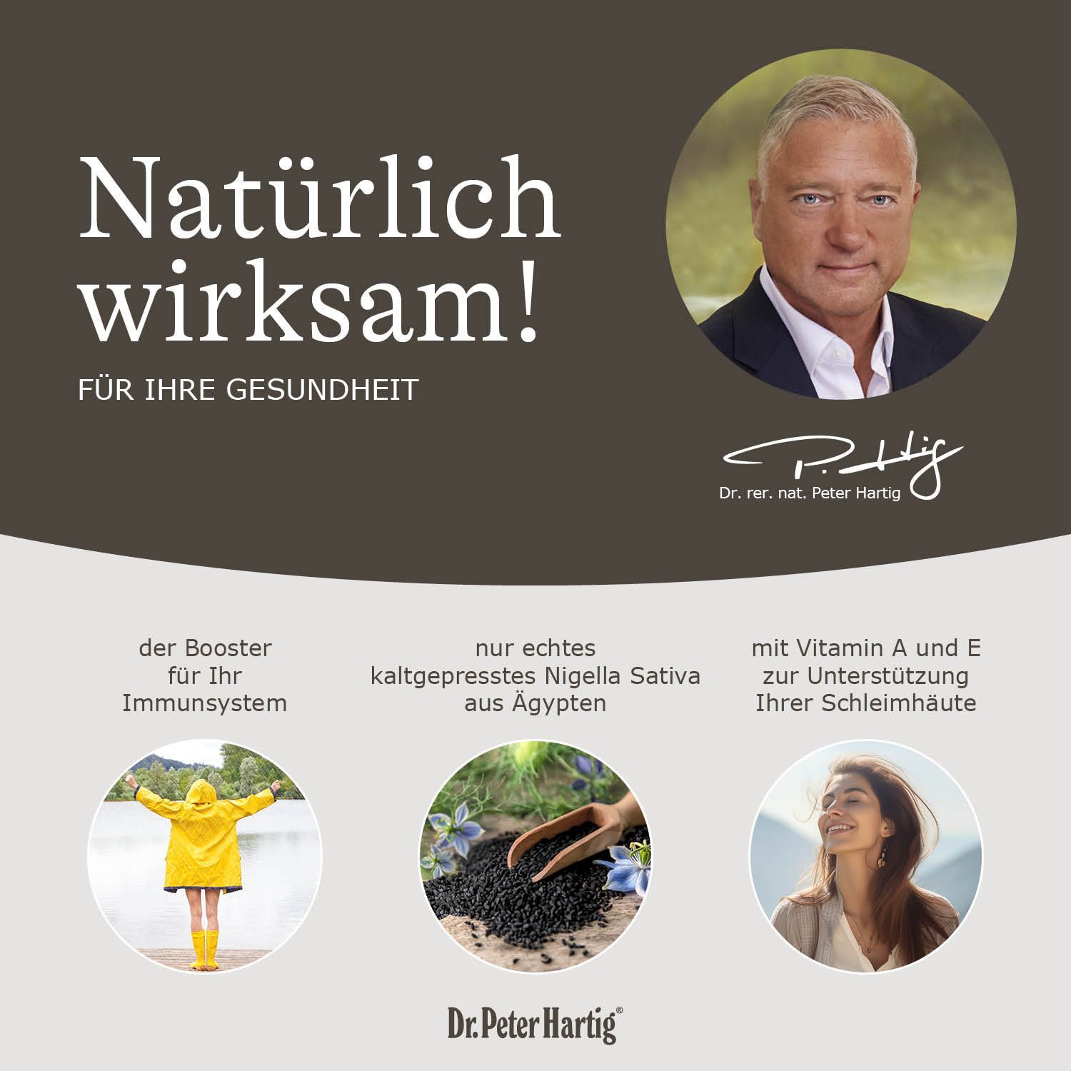 Grafik mit Mann, Text und Bildern. Text: Natürlich wirksam! Für Ihre Gesundheit. Dr. Peter Hartig Logo.