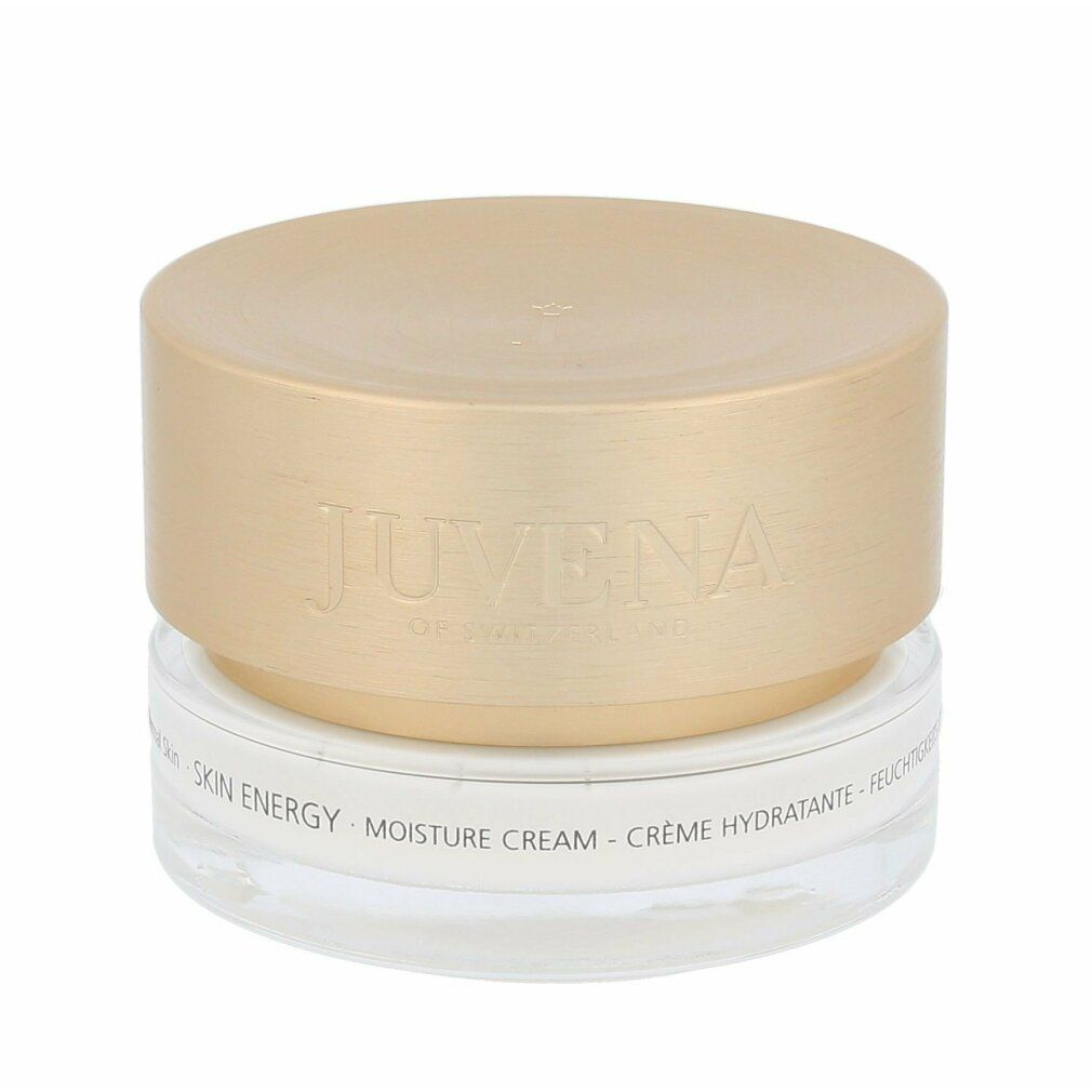 Creme-Tiegel mit goldfarbenem Deckel. Aufschrift: JUVENA OF SWITZERLAND. Text: SKIN ENERGY MOISTURE CREAM. Für normale Haut.