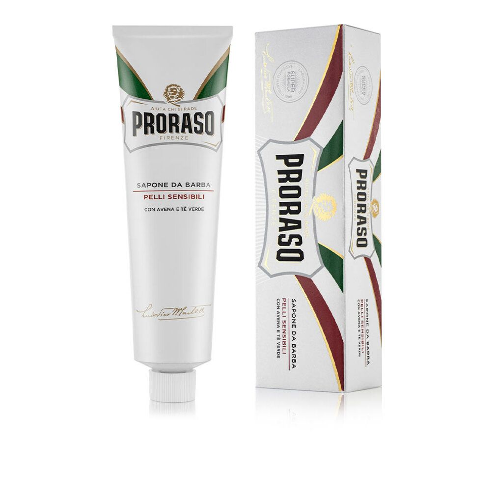 Proraso Rasiercreme Tube mit grün-weiß-rotem Streifenmuster.