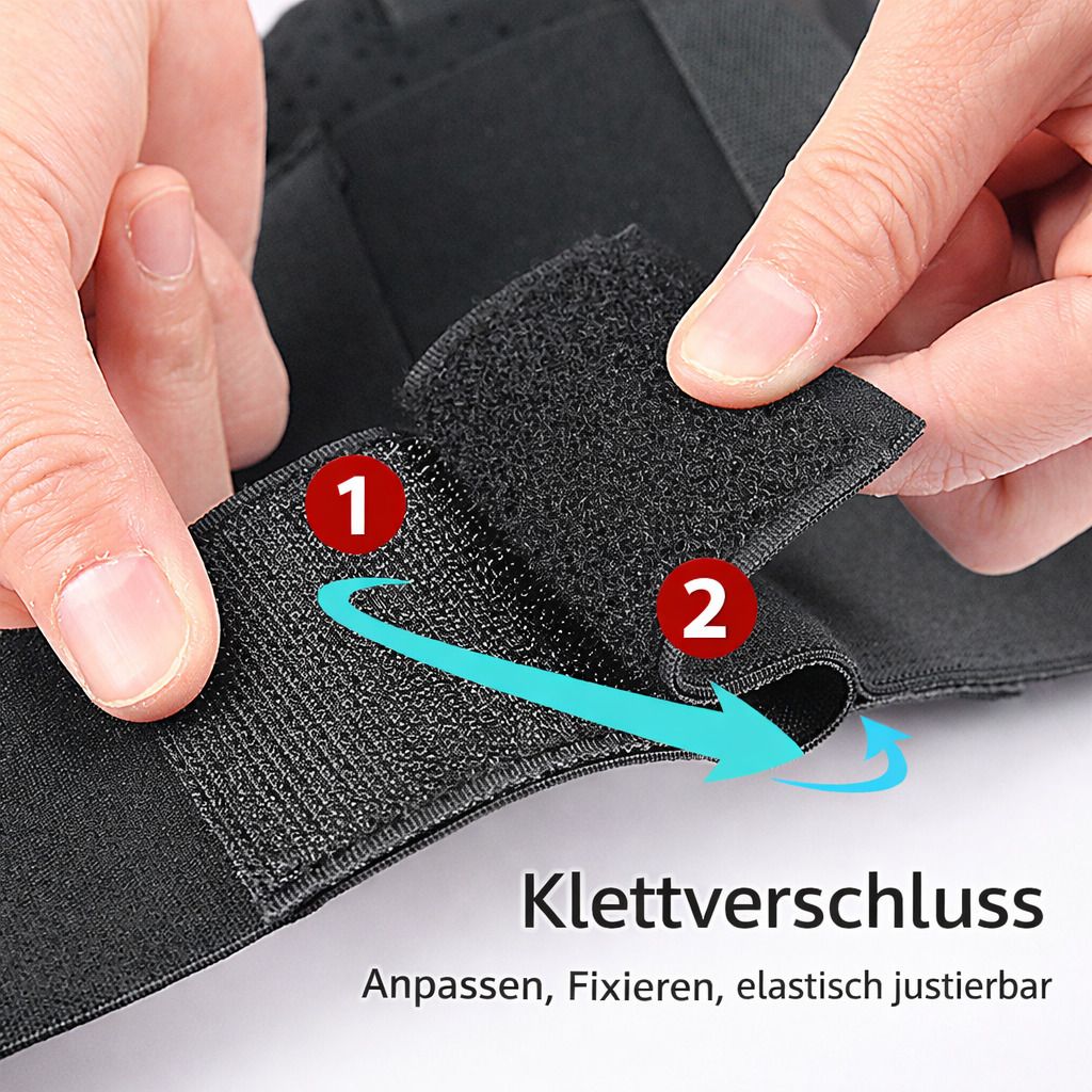 Nahaufnahme eines Klettverschlusses an einer schwarzen Bandage. Text: Klettverschluss. Anpassen, Fixieren, elastisch justierbar. Zahlen 1 und 2.
