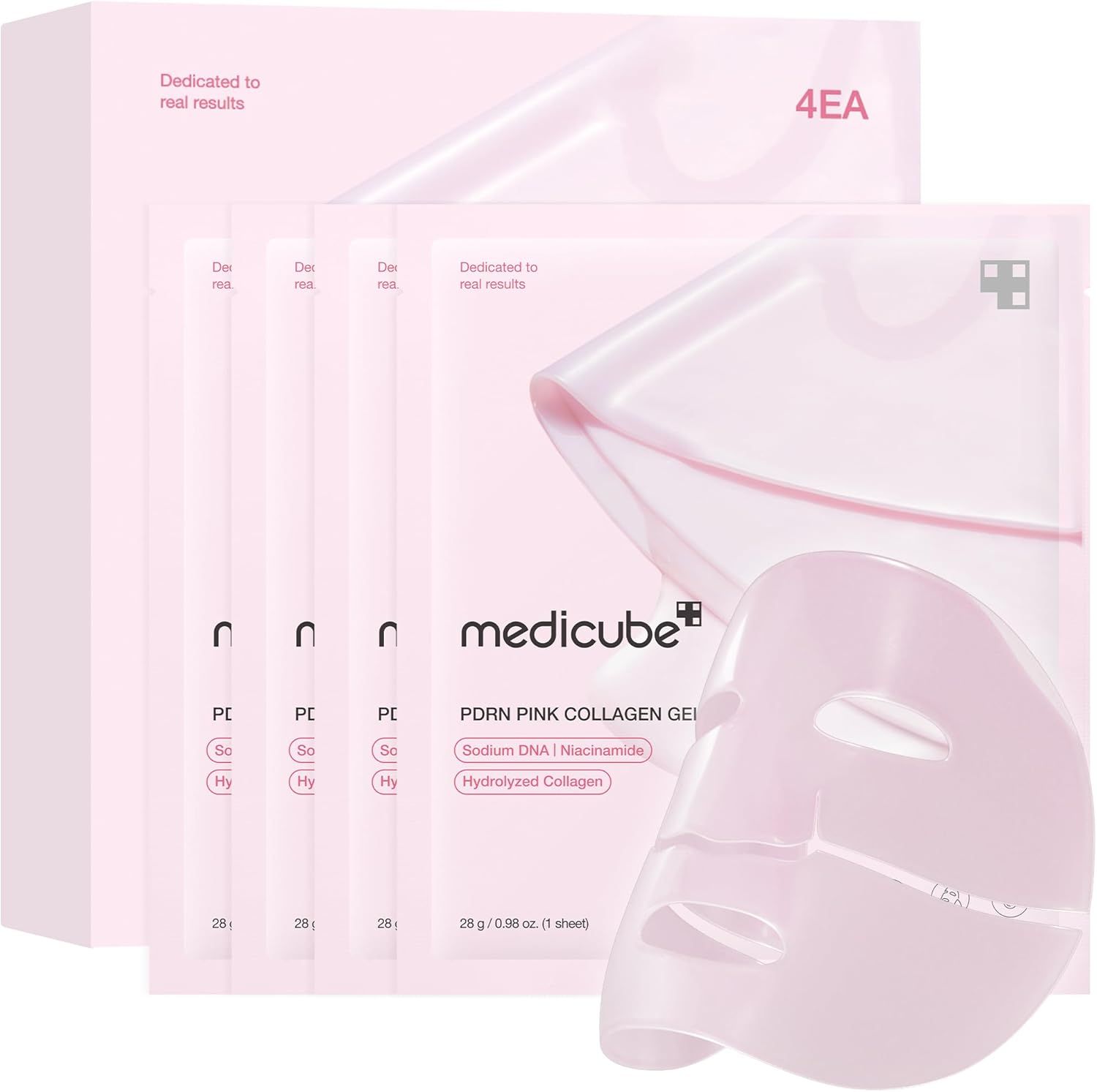 Verpackung mit 4 rosa Gel-Masken. Aufschrift: medicube, PDRN Pink Collagen Gel Mask. Einzelverpackungen und eine Maske sind sichtbar.