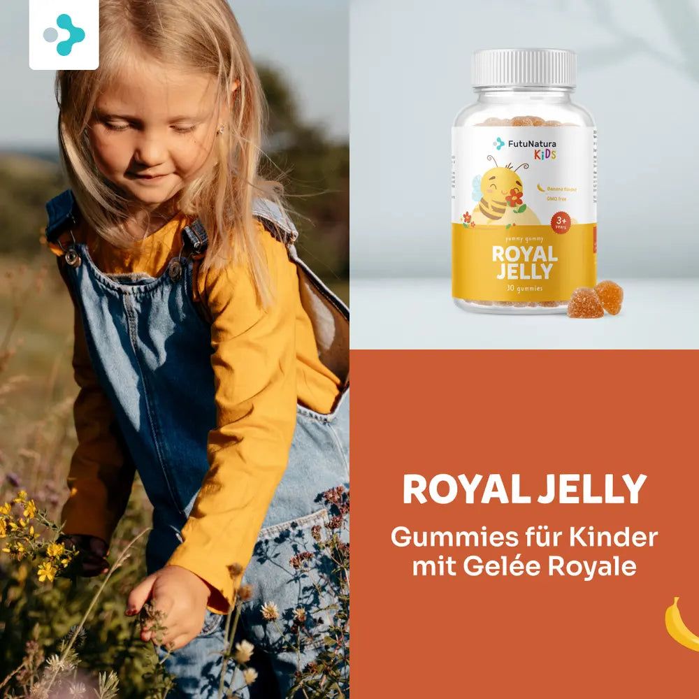 Kind pflückt Blumen, daneben Flasche mit Gummibärchen. Aufschrift: Royal Jelly, Gummies für Kinder mit Gelée Royale.