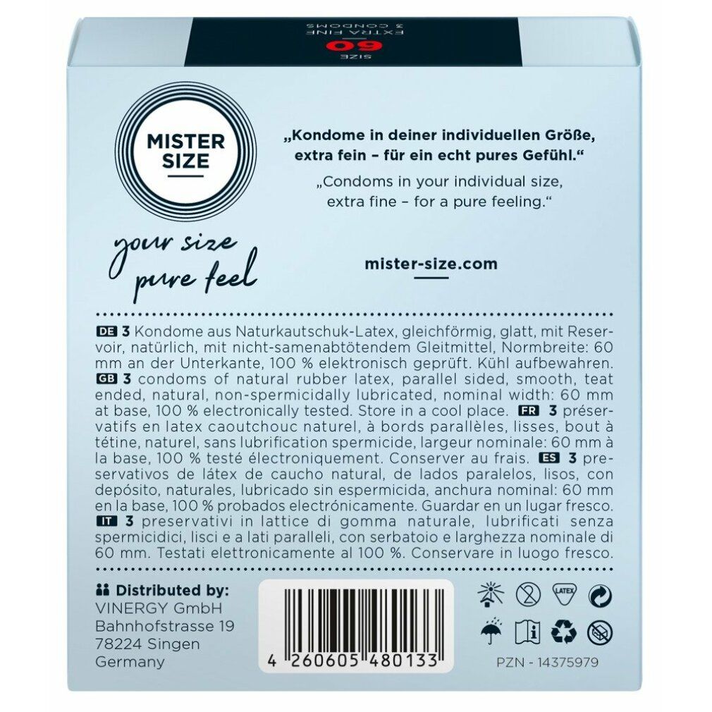 Rückseite der Kondom-Schachtel MISTER SIZE 60. Text in mehreren Sprachen. Herstellerinformationen.