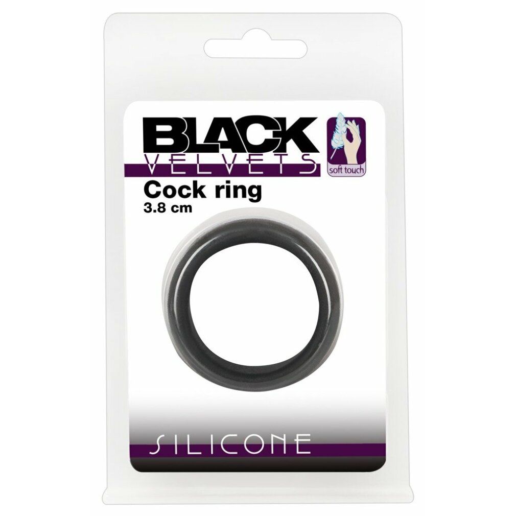 Verpackung mit schwarzem Penisring. Marke Black Velvets, Größe 3,8 cm.