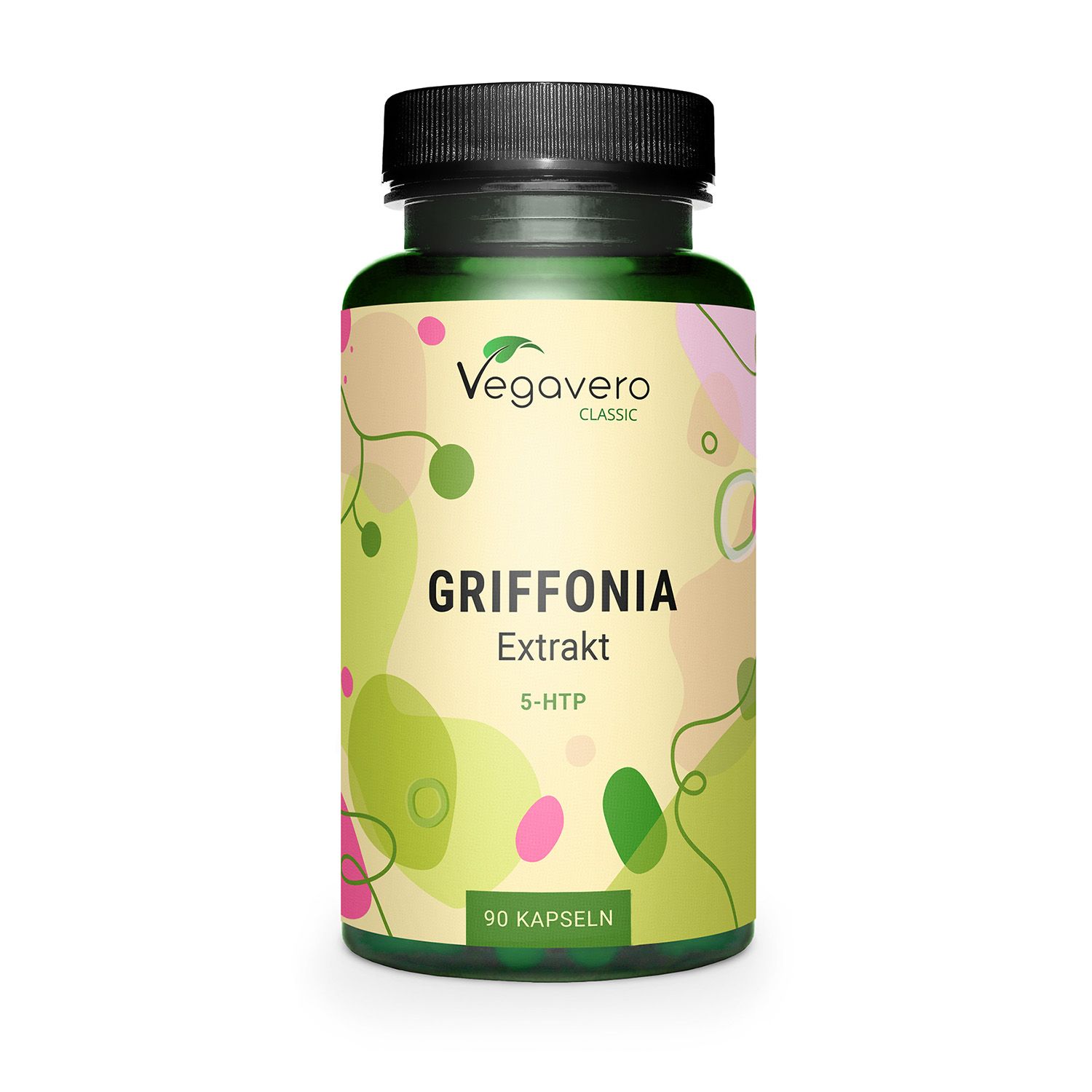 Grüne Flasche mit schwarzen Deckel. Aufschrift: Griffonia Extrakt 5-HTP. Marke: Vegavaro Classic. 90 Kapseln.