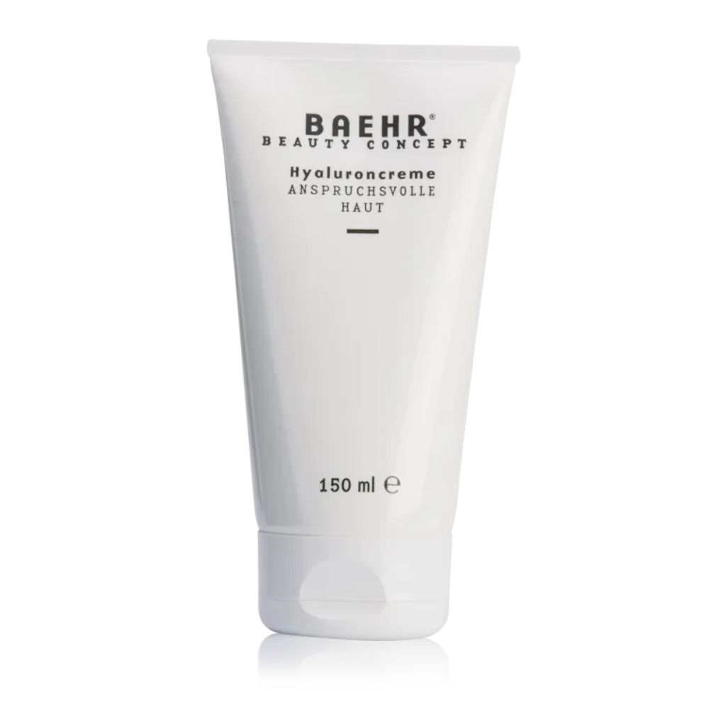 Weiße Tube mit schwarzem Schriftzug "BAEHR BEAUTY CONCEPT". Darunter "Hyaluroncreme" und "ANSPRUCHSVOLLE HAUT". Volumenangabe: 150 ml.