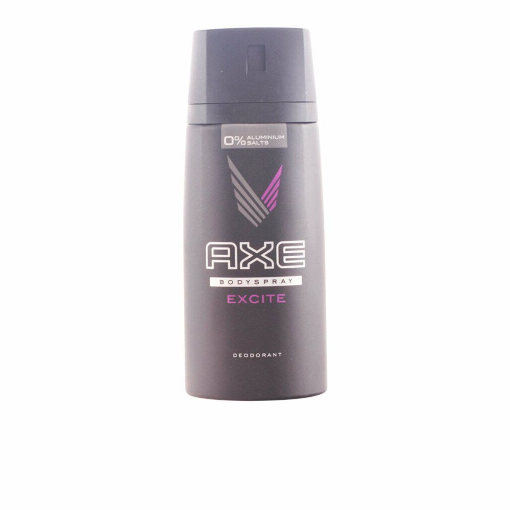 Deodorant-Spray, dunkelgraue Dose mit schwarzem Deckel. Aufschrift: AXE, Excite, Deodorant. Lila Akzent.