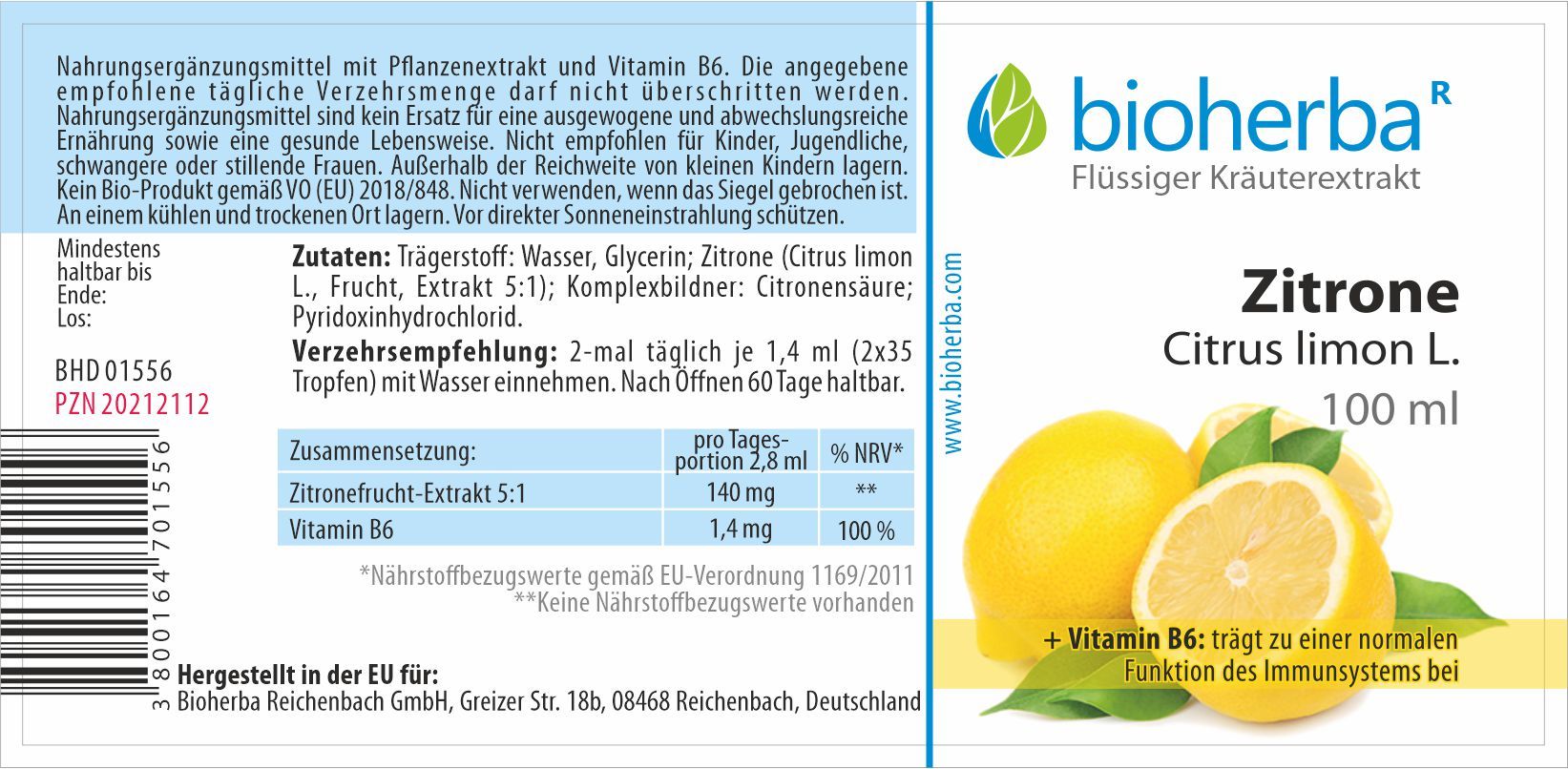 Etikett mit Produktinformationen. Bioherba Zitrone Citrus limon L. Tropfen Tinktur. Zutaten, Verzehrempfehlung, Nährwertangaben.