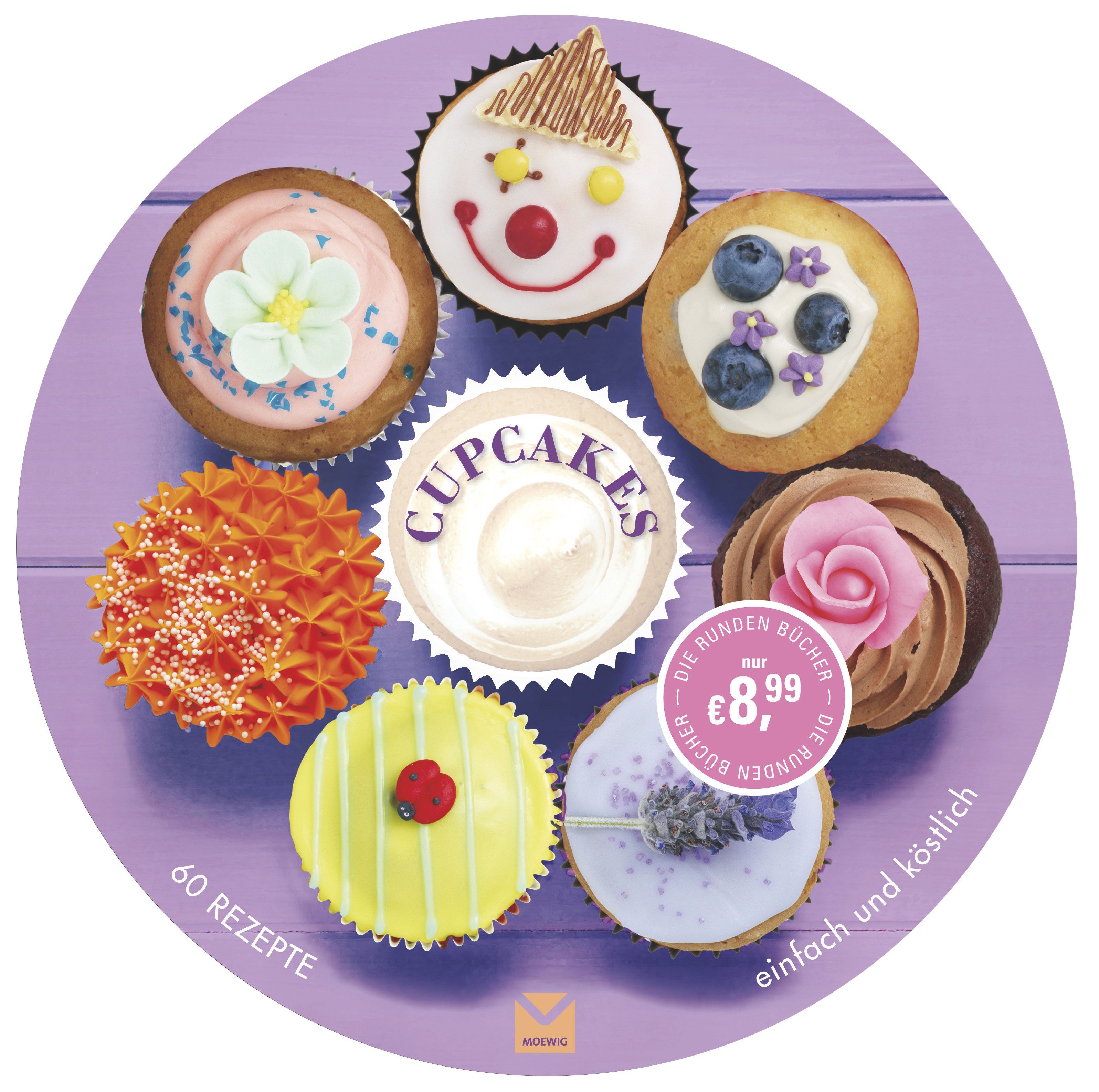 Rundes Buch mit Cupcakes-Motiven. Auf dem Cover sind verschiedene Cupcakes abgebildet. Preisetikett mit "€8,99". Text: "60 Rezepte".