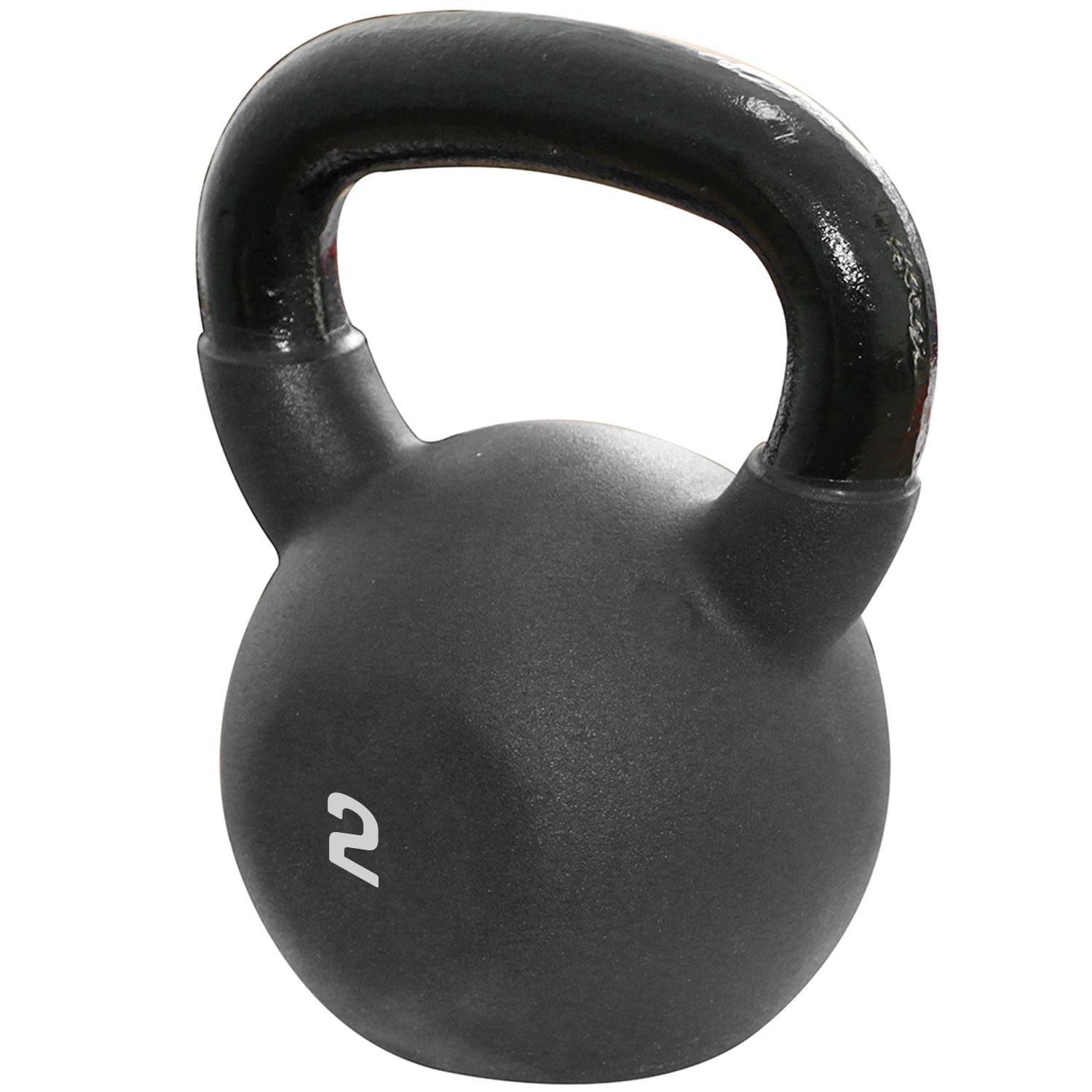 Schwarze Kettlebell mit schwarzem Griff. Auf der Kugel ist die Zahl 2 in Weiß abgebildet.