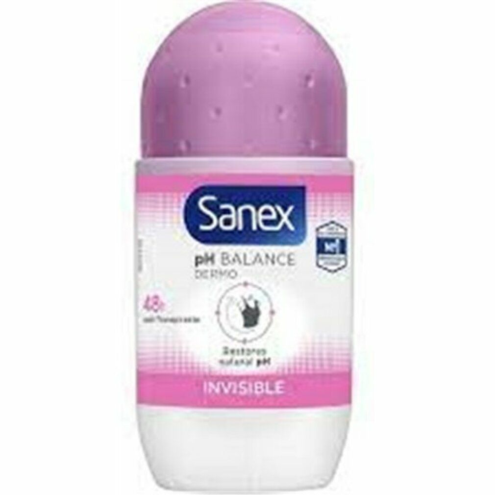 Roll-on-Deodorant mit rosa Kappe. Aufschrift Sanex, pH Balance Dermo, Invisible. 48h Anti-Transpirant.