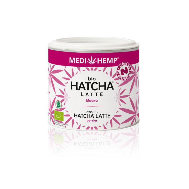 Runde Dose mit pinkfarbenem Deckel. Aufschrift: Medihemp, bio Hatcha Latte Beere. Mit pinkfarbenen Blättern bedruckt.