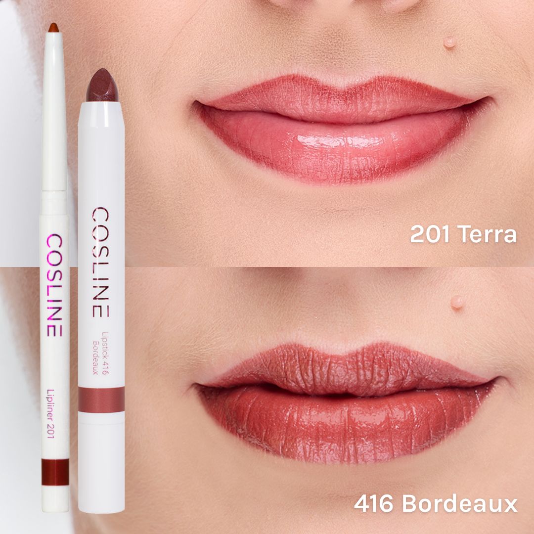 Zwei Frauenlippen, eine mit hellem und eine mit dunklem Lippenstift, daneben Lippenstifte.
