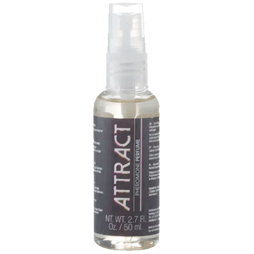Klarer Flakon mit Sprühkopf. Aufschrift "ATTRACT Pheromone Perfume". Volumen: 2.7 fl. oz. / 50 ml.