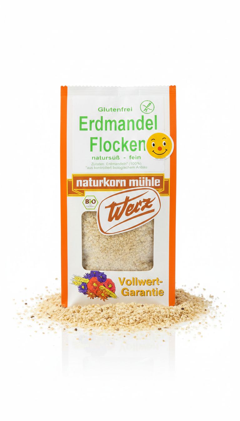 Packung Werz Erdmandel Flocken glutenfrei, natur, mit einem Fenster, das die Flocken zeigt.