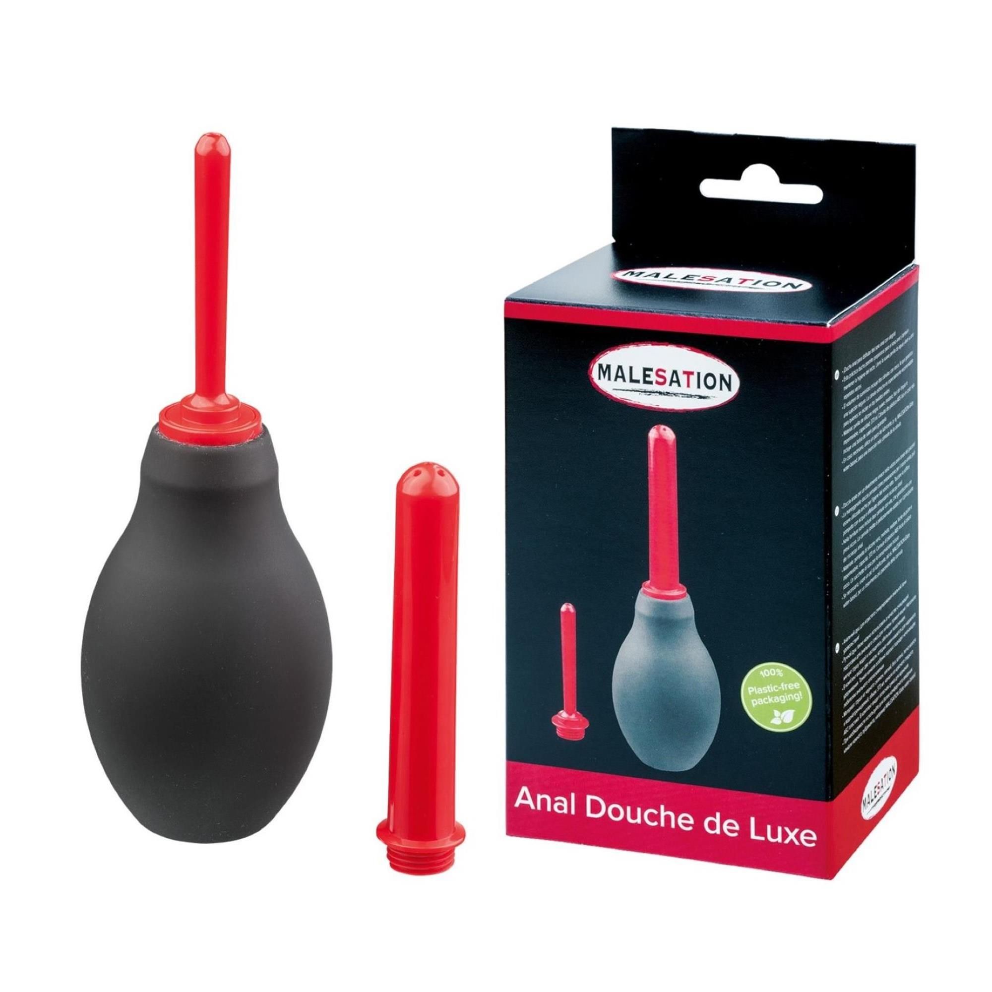 Anal-Douche de Luxe. Schwarzer Ball, roter Aufsatz. Rote Düse. Verpackung mit Logo und Produktname.