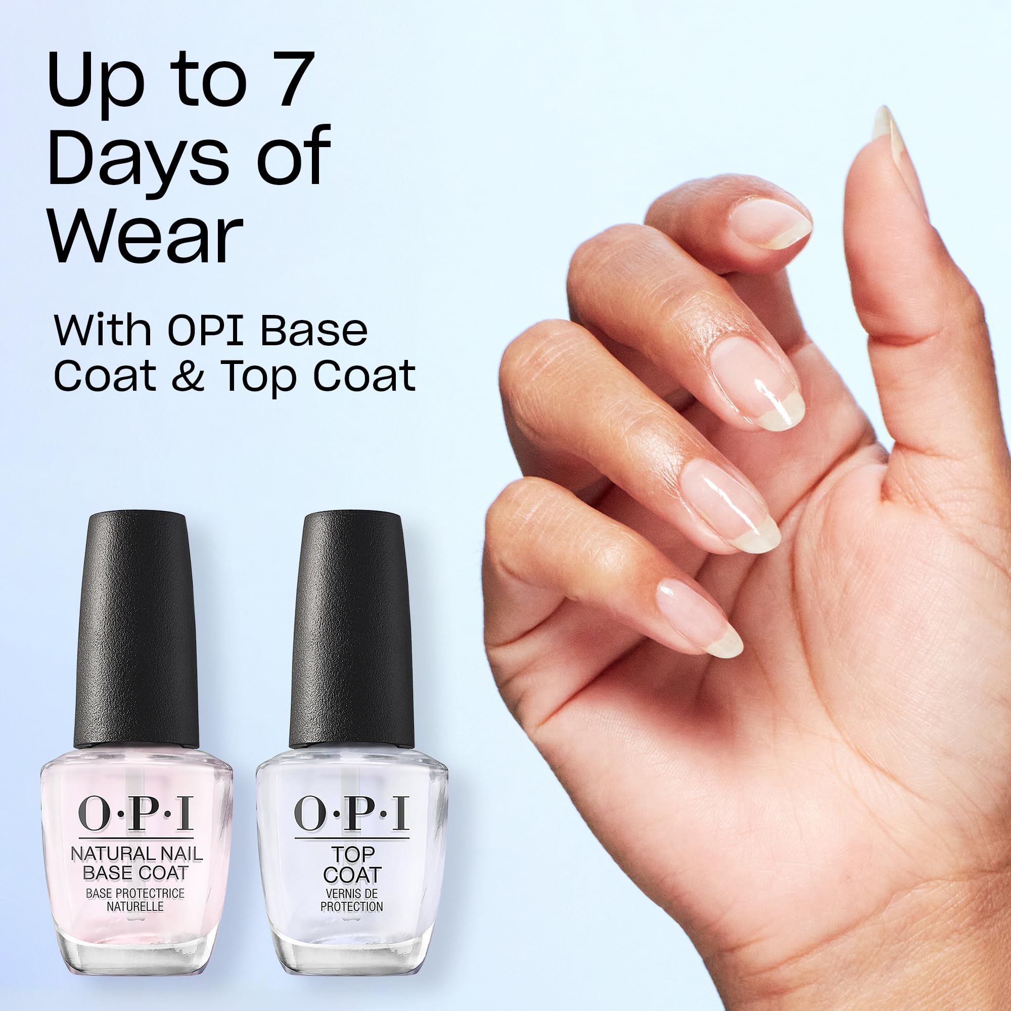 Zwei OPI Nagellacke. Base Coat und Top Coat. Text: Bis zu 7 Tage Haltbarkeit mit OPI Base Coat & Top Coat.