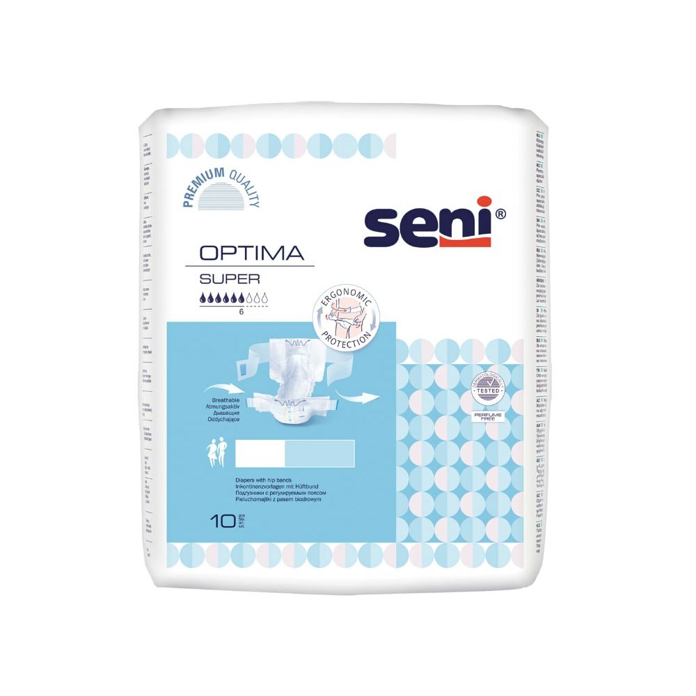 Verpackung mit Seni Optima Super. Produktabbildung, ergonomischer Schutz, 10 Stück. Marke Seni, Optima Super, Größe 6.