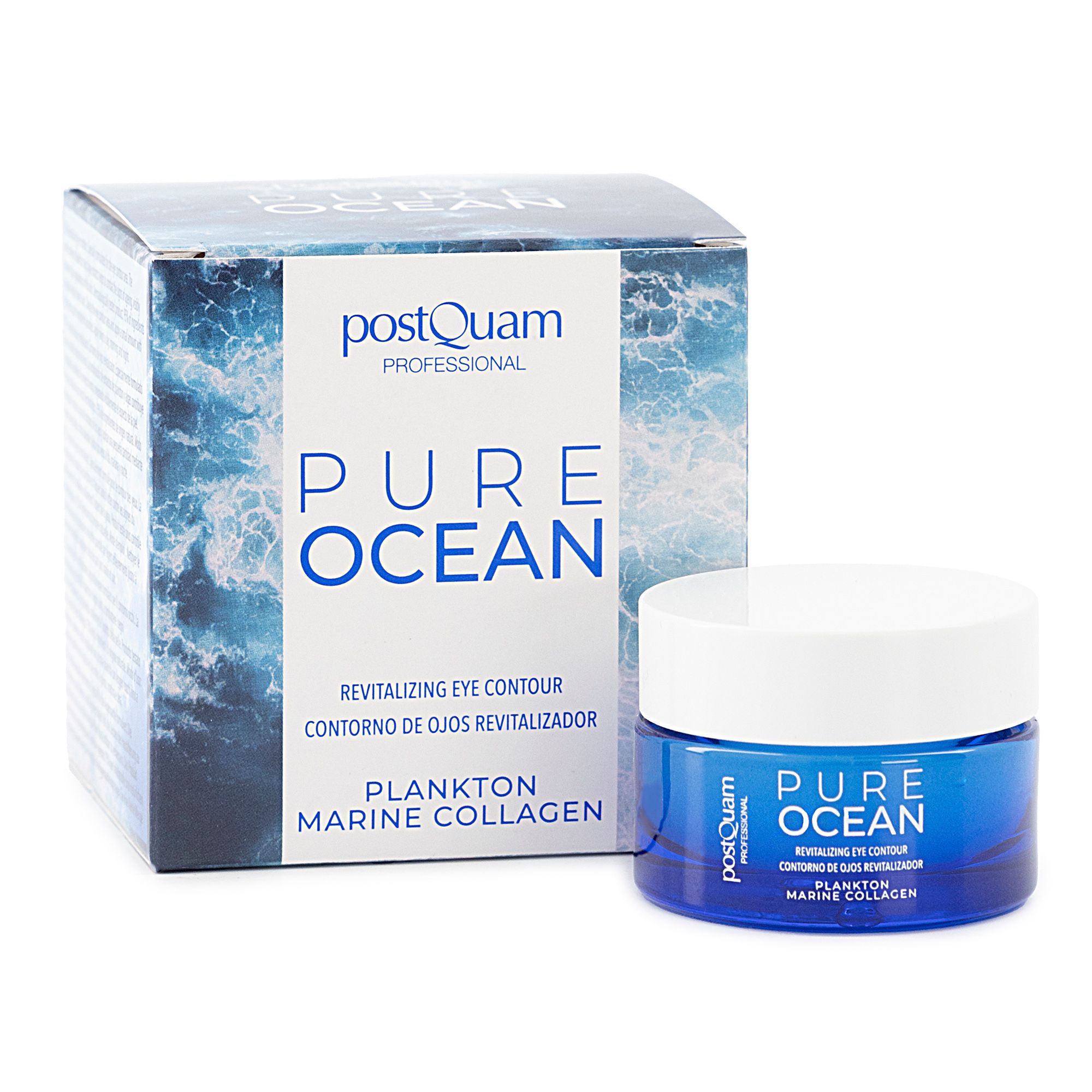 Augencreme-Tiegel und Verpackung. Blaue Glasdose mit weißem Deckel. Text: Pure Ocean, Revitalizing Eye Contour, Plankto Marine Collagen. PostQuam.