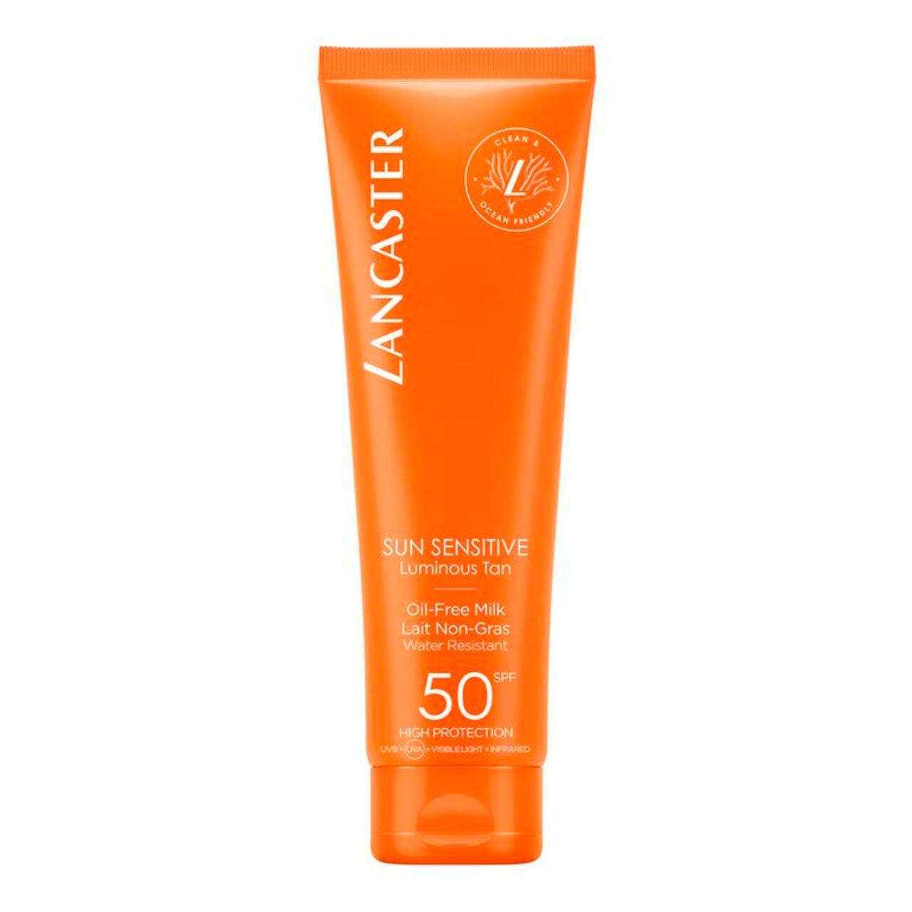 Orange Tube mit Lancaster-Logo und Produktinformationen. Text: Sun Sensitive Luminous Tan, SPF 50.