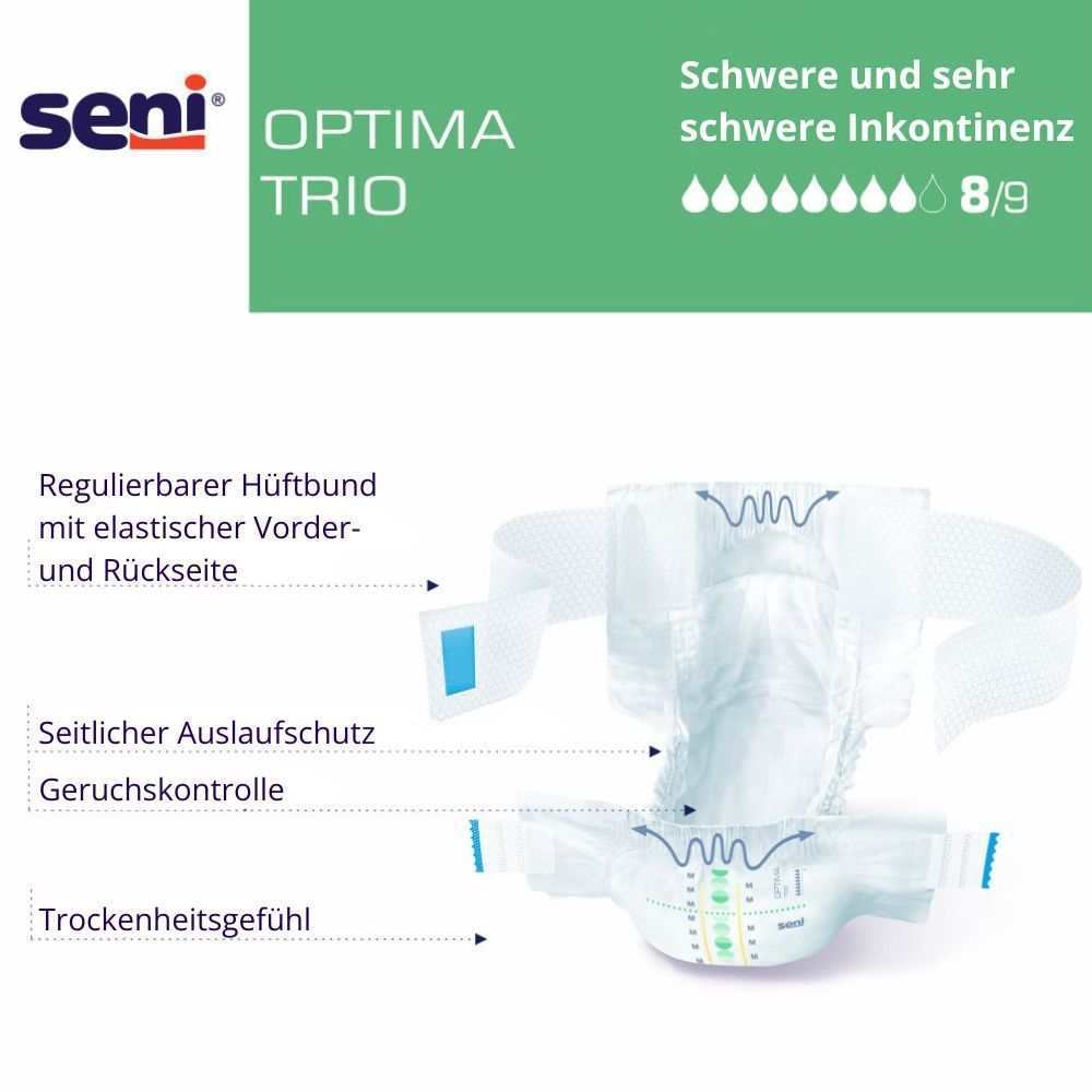 Seni Optima Trio. Produkt mit Details: regulierbarer Hüftbund, seitlicher Auslaufschutz, Geruchskontrolle, Trockenheitsgefühl.