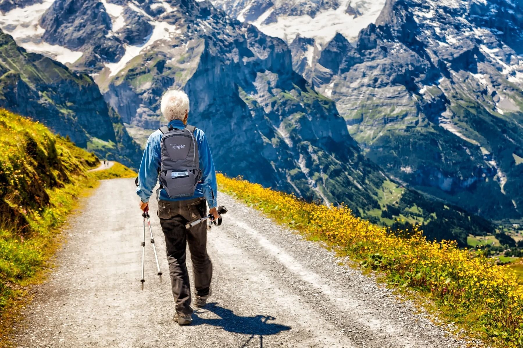 Wanderer mit Rucksack und Stöcken auf einem Bergpfad.