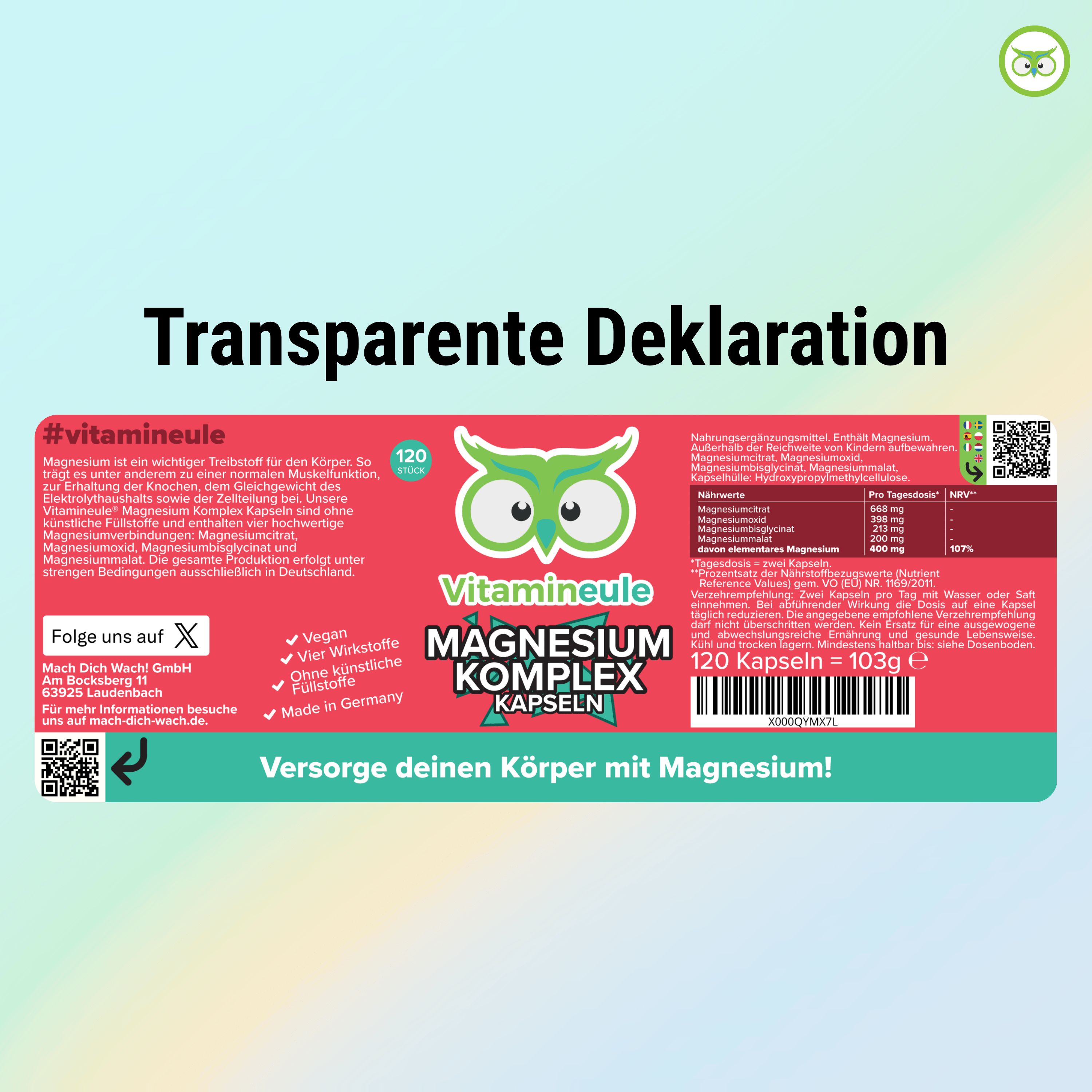 Rotes Etikett mit Produktinformationen. Aufschrift: Magnesium Komplex Kapseln, 120 Kapseln, 103g. Logo: grüne Eule. Marke: Vitamineule.
