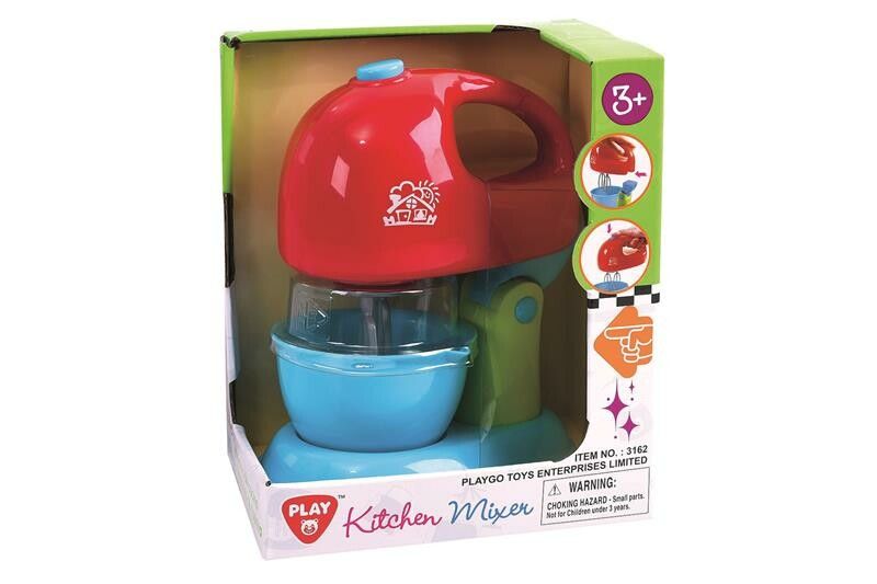 Playgo Küchenmixer in Verpackung. Rot, blau und grün. Altersempfehlung: 3+. Aufschrift: Kitchen Mixer. Warnhinweis.