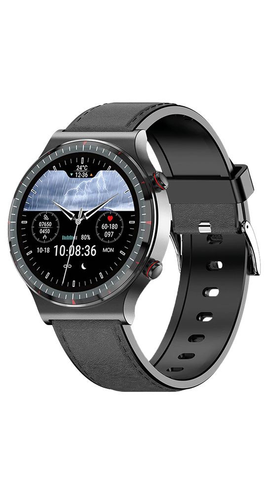 Schwarze Smartwatch mit rundem Zifferblatt und Lederarmband. Das Zifferblatt zeigt Wetterdaten und Uhrzeit an.