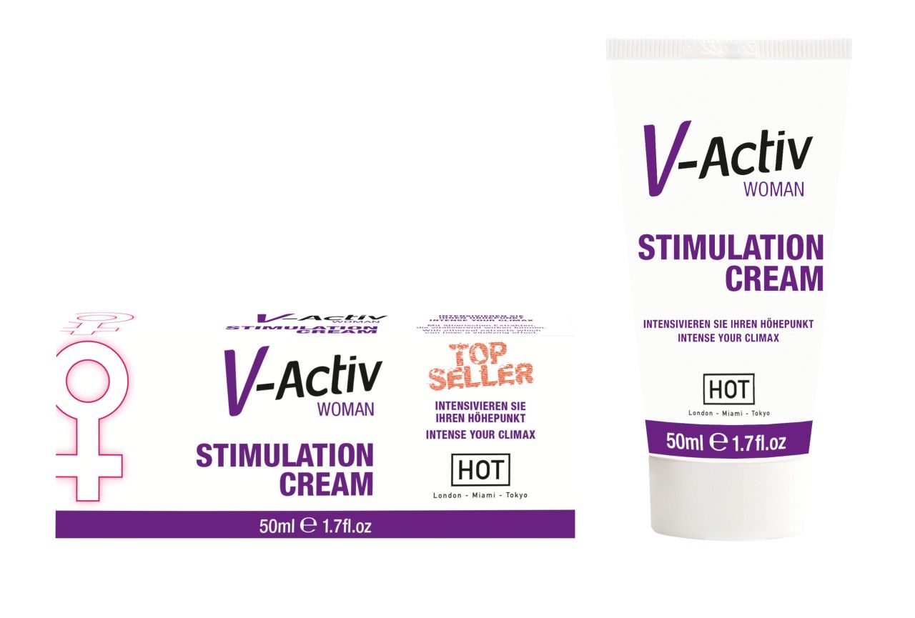 Tube und Verpackung. Aufschrift: V-Activ WOMAN, STIMULATION CREAM, HOT. Mit Logo und Text: Intensivieren Sie Ihren Höhepunkt.