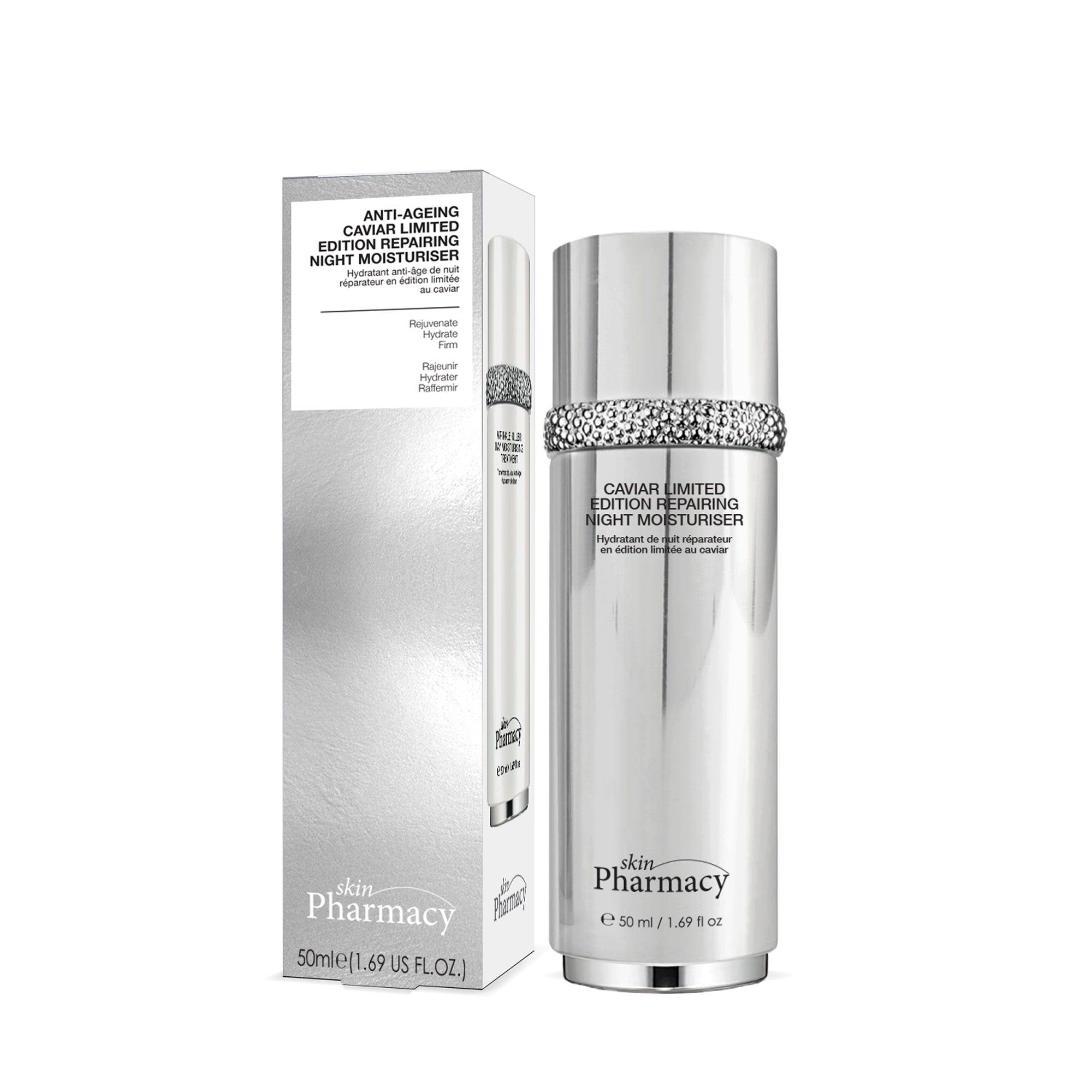 Produkt und Verpackung. Silberne Flasche mit Strassband. Text: Caviar Limited Edition Repairing Night Moisturiser. Marke: skinPharmacy.