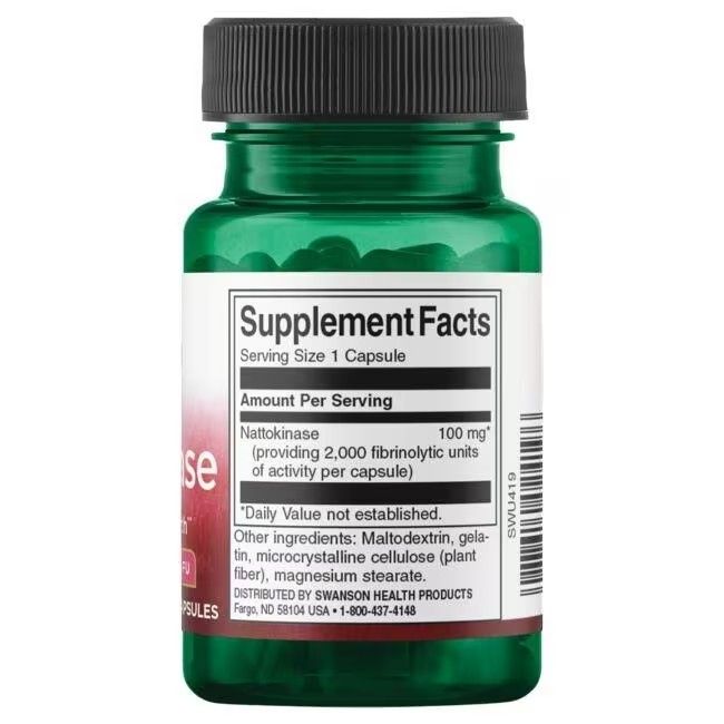 Rückseite der Flasche. Etikett mit Nährwertangaben für "Nattokinase", Inhaltsstoffe und Herstellerinformationen.
