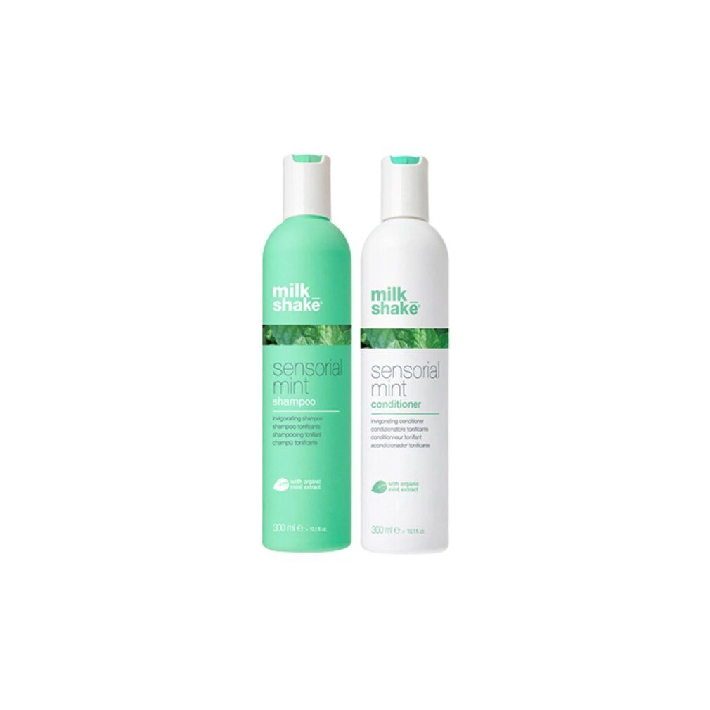 Zwei Flaschen. Links: mint Shampoo. Rechts: mint Conditioner. Beide mit grünem Aufdruck. Beschriftung: milk_shake, sensorial mint. Volumen: 300 ml.