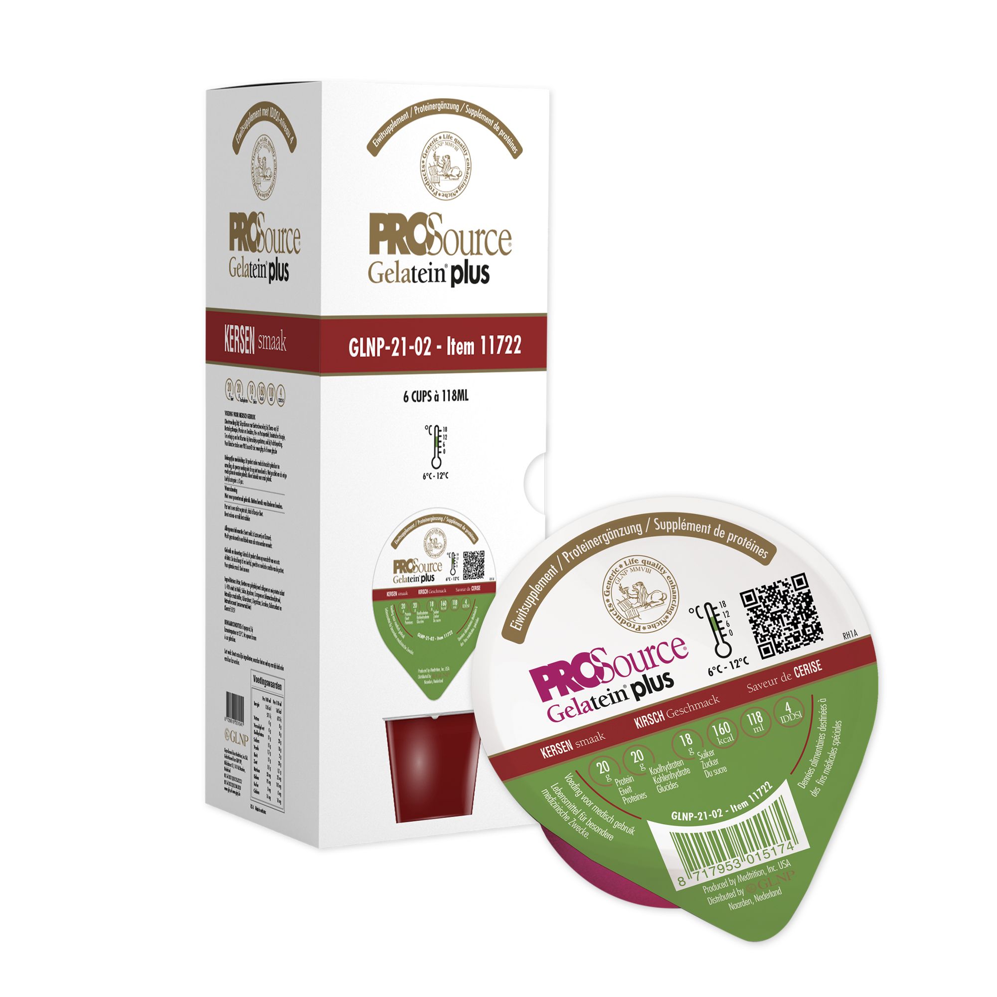 PROSource Gelatein Plus, Kirschgeschmack. Becher und Verpackung mit Produktinformationen. 6 Becher.