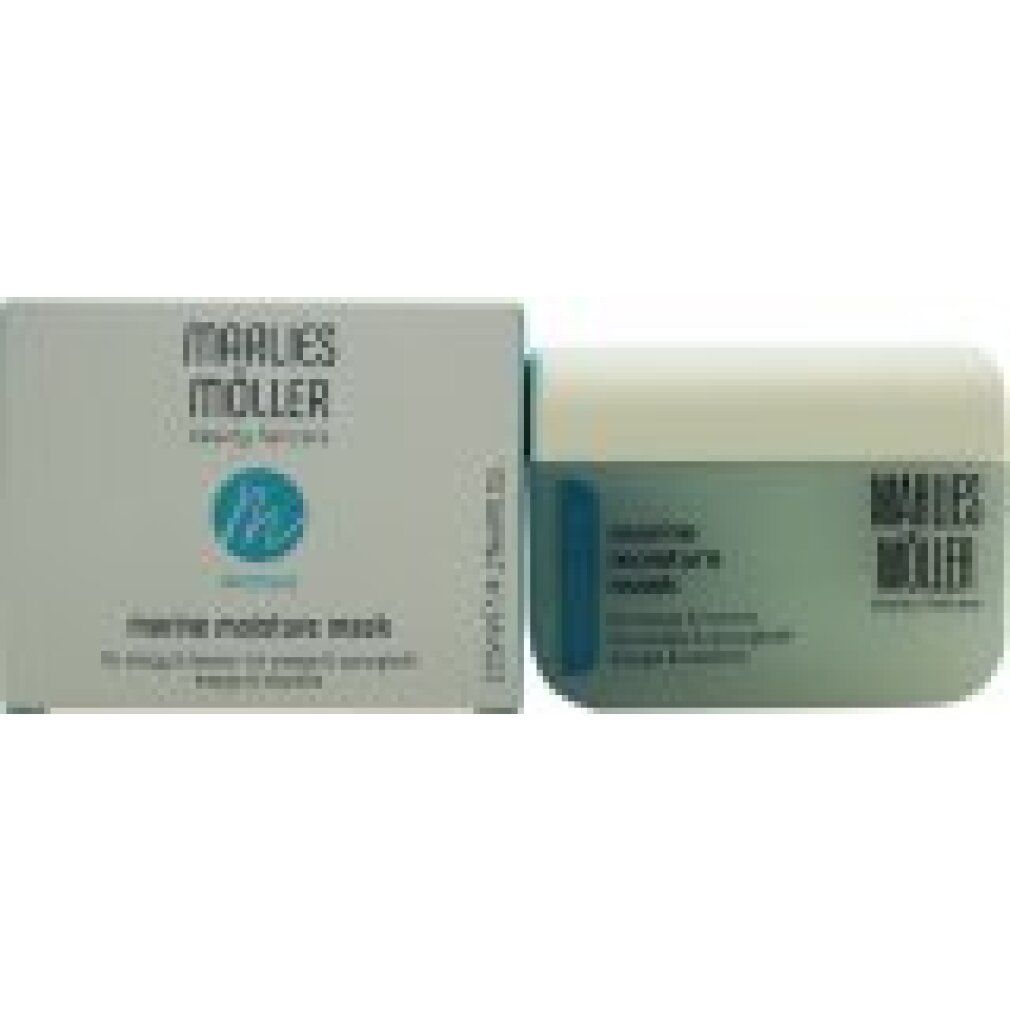 Weißer Tiegel mit blauer Aufschrift. Marine Moisture Mask von Marlies Möller. Text in Deutsch und Englisch.