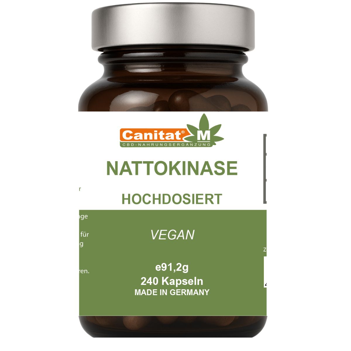 Braune Glasflasche mit weißem Etikett. Aufschrift: Canitat M, Nattokinase, hochdosiert, vegan. 240 Kapseln, Made in Germany.