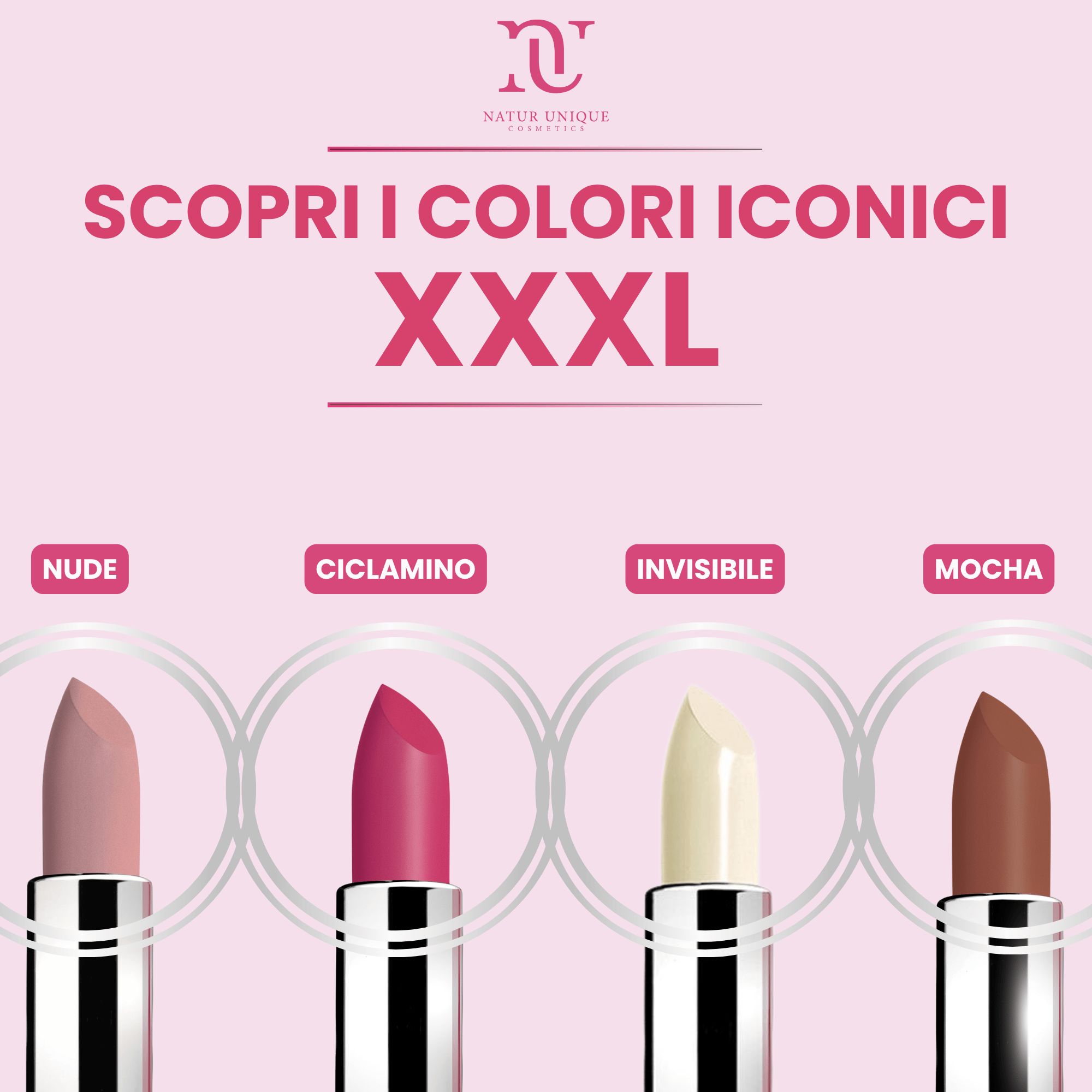 Vier Lippenstifte in den Farben Nude, Ciclamino, Invisibile und Mocha.