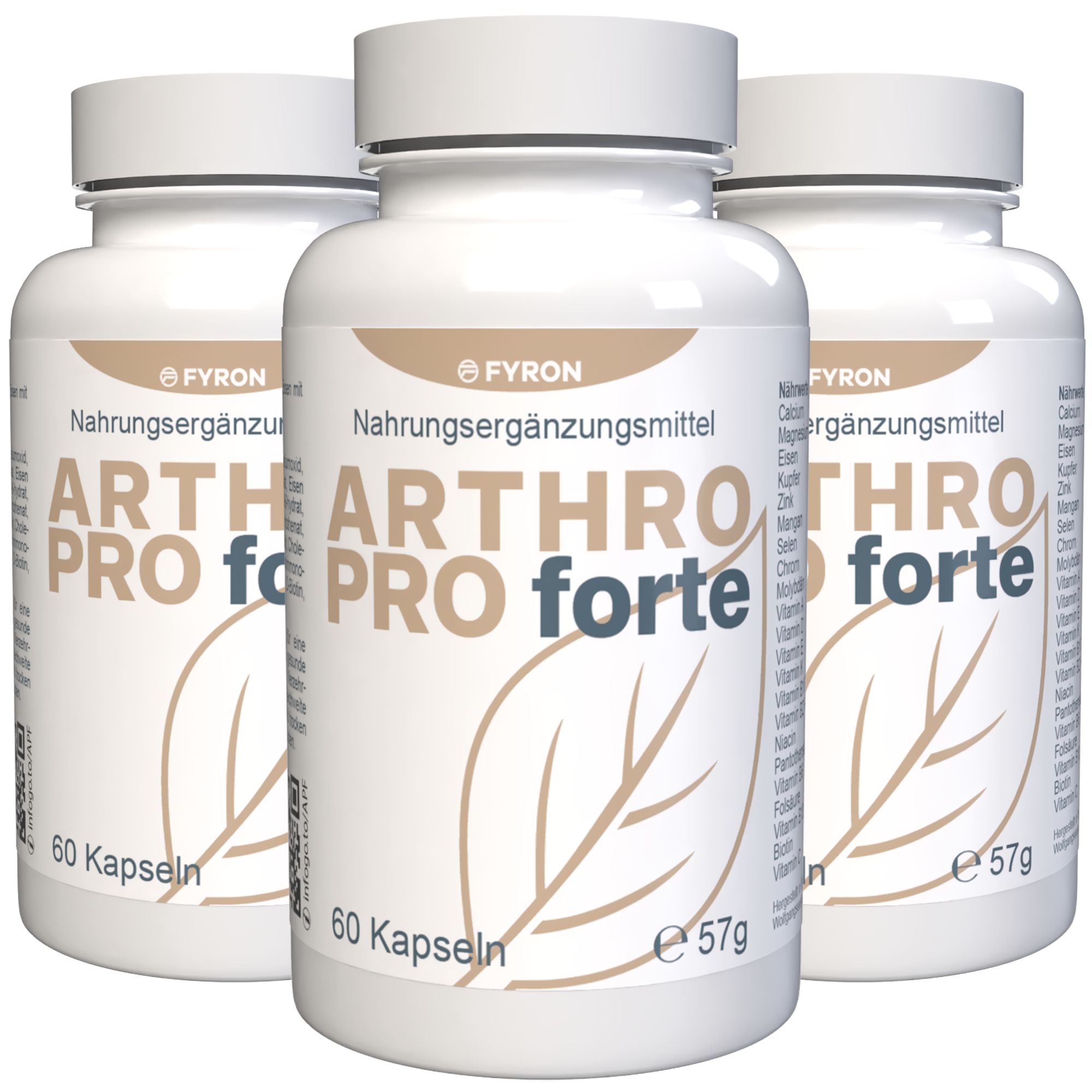 Drei Flaschen Arthro Pro Forte, Nahrungsergänzungsmittel, 60 Kapseln pro Flasche.