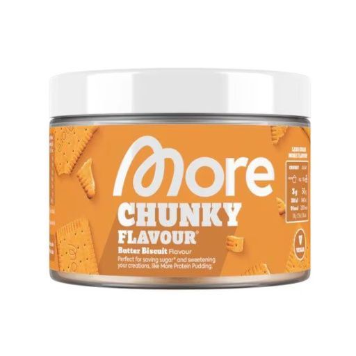 Orange Dose mit 'More CHUNKY FLAVOUR' in weißer Schrift. Butterkeksgeschmack.