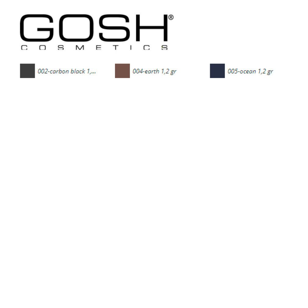Gosh-Kosmetiklogo. Farbmuster: 002 Carbon Black, 004 Earth, 005 Ocean. Produktnamen und Farbnamen sichtbar.