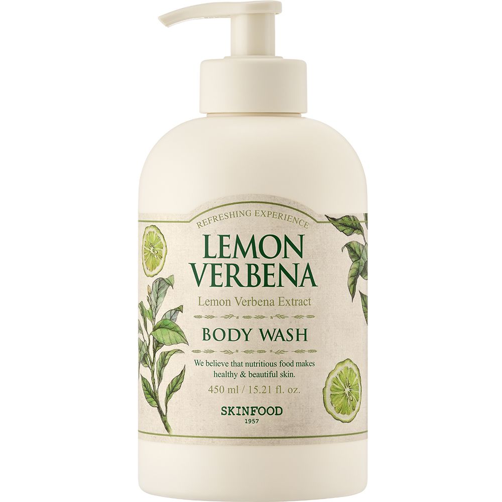 Beige Körperwaschgel-Flasche mit Pumpverschluss. Etikett mit "Lemon Verbena" und "SKINFOOD" Schriftzug. Illustrationen von Blättern und Limetten.