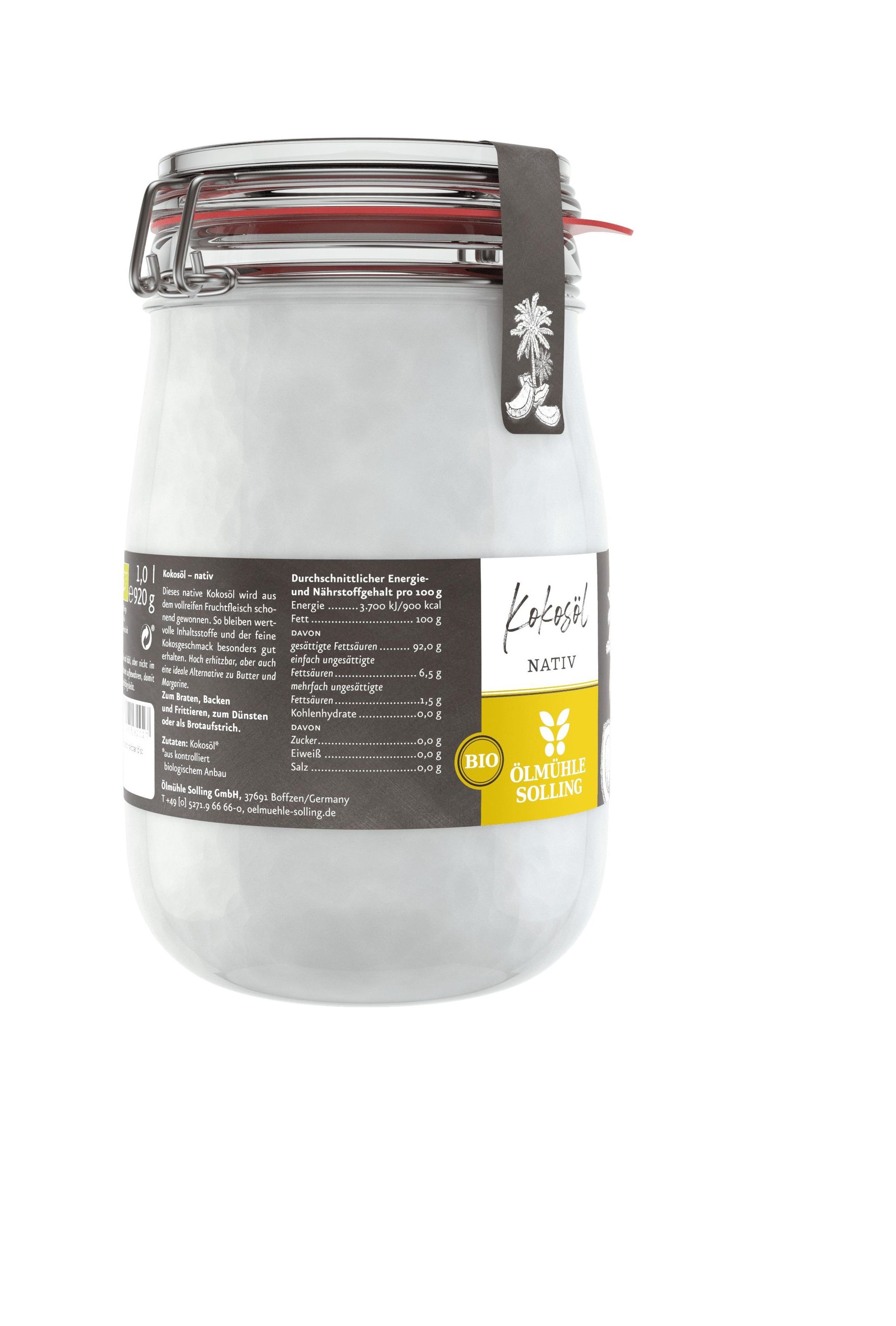 Glasbehälter mit Kokosöl, Etikett mit Nährwertangaben und Produktbezeichnung.