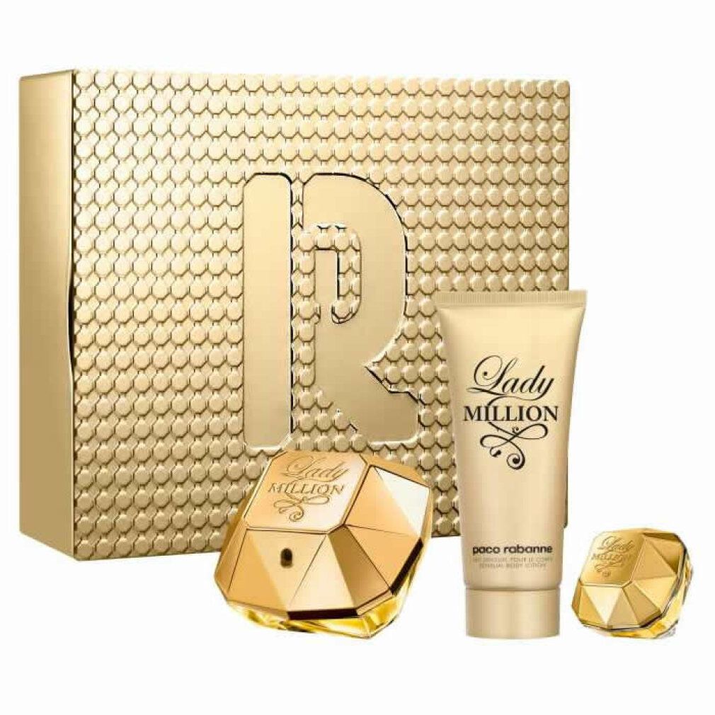 Goldfarbenes Geschenkset mit Parfum, Körperlotion und Miniatur. Auf der Verpackung steht "Lady Million" und "Paco Rabanne".