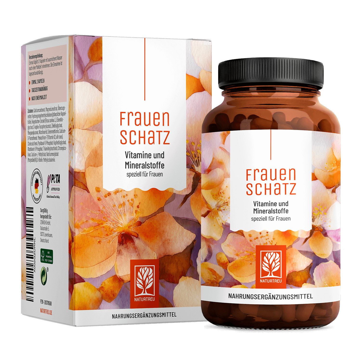 Braune Flasche und Karton mit Aufschrift "Frauenschatz". Enthält Vitamine und Mineralstoffe für Frauen. PETA-Logo.