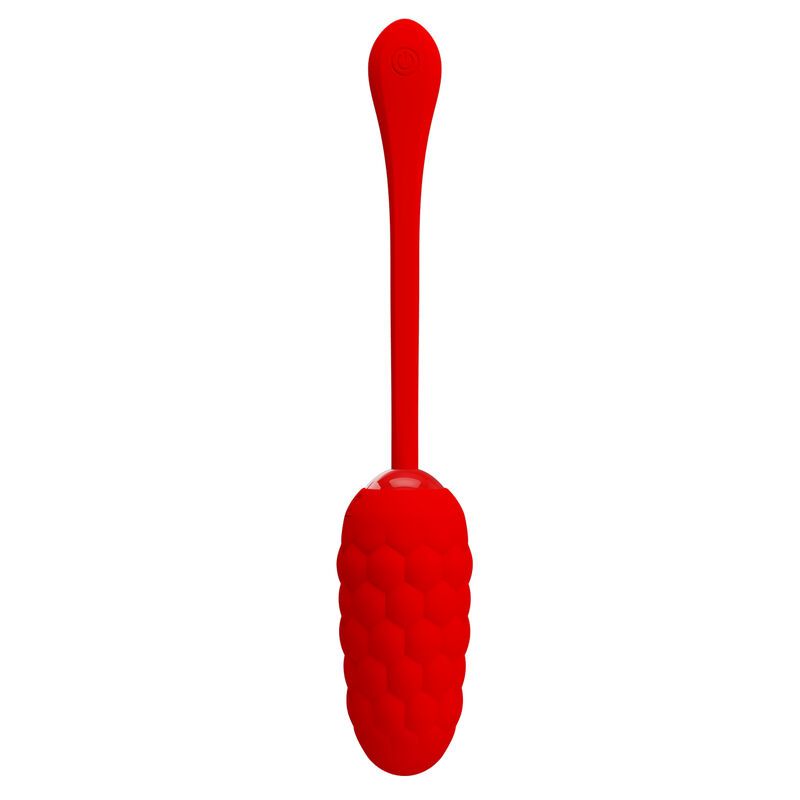 Rotes Massagegerät aus Silikon. Besteht aus einem länglichen Griff und einem strukturierten, eiförmigen Kopf.