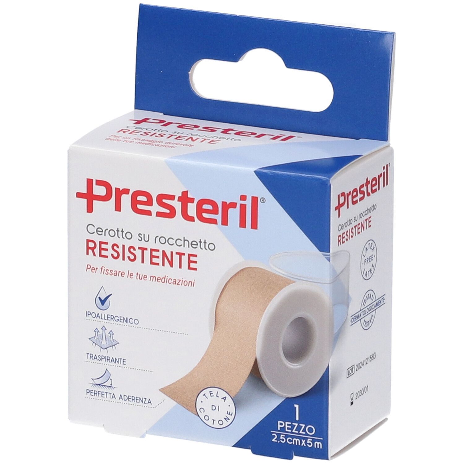 Presteril Cerotto su Rocchetto Resistente Verpackung. Beige Rolle. Produktname, Größe 2,5cm x 5m, hypoallergen, atmungsaktiv.