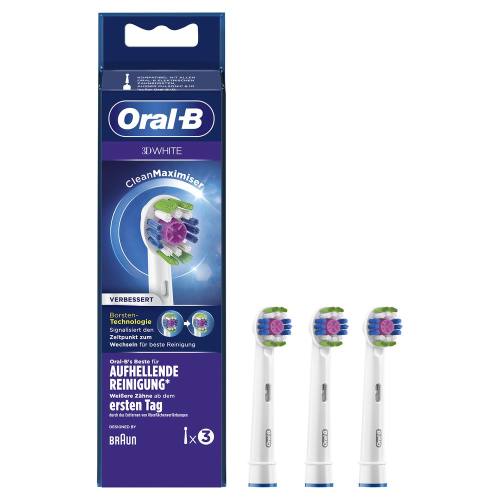 Zahnbürstenaufsätze mit Verpackung. Verpackung mit Oral-B Logo und Produktbezeichnung. 3 Aufsätze liegen daneben.