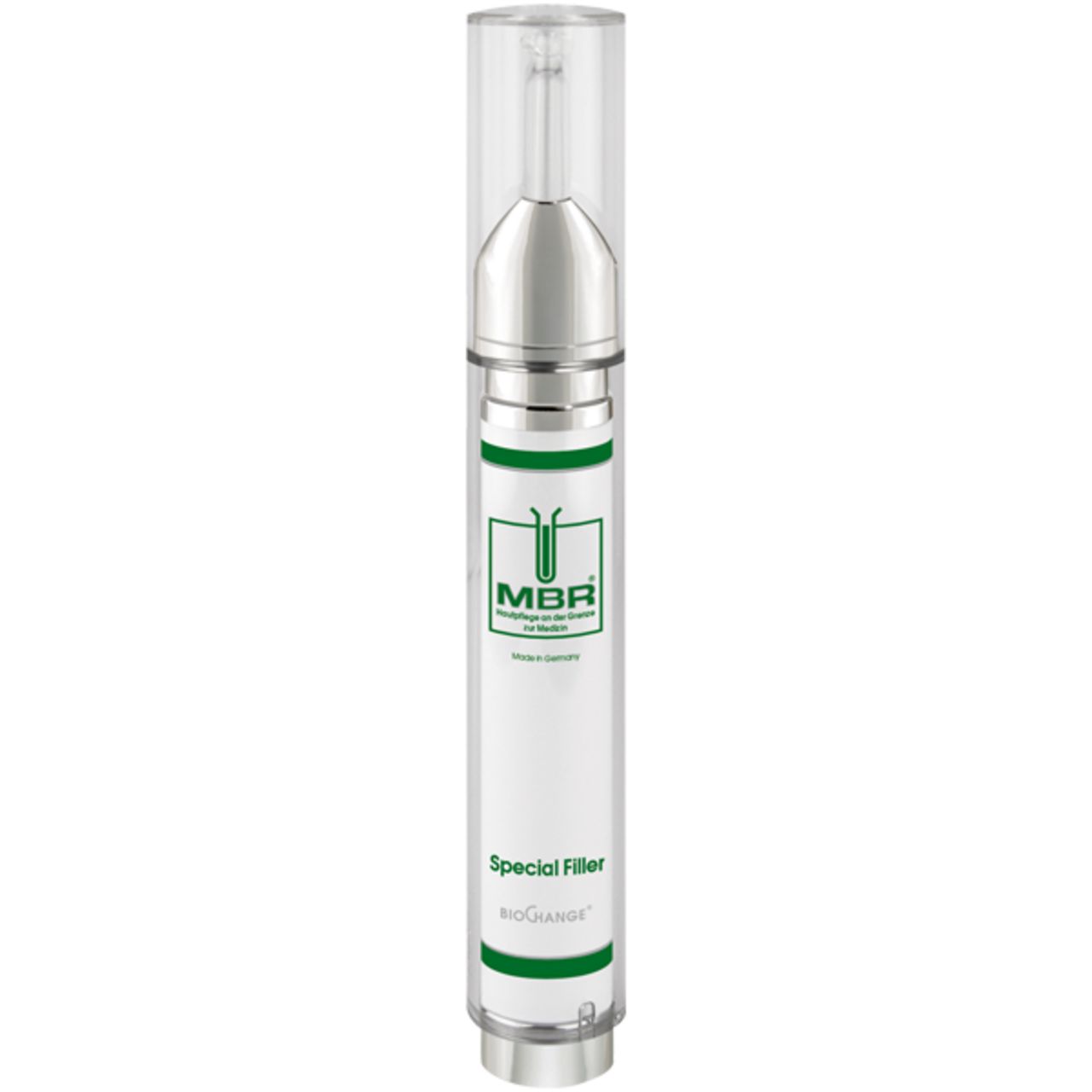 Transparente Flasche mit silberner Spitze und grünem MBR-Logo. Beschriftung "Special Filler" und "BioChange".