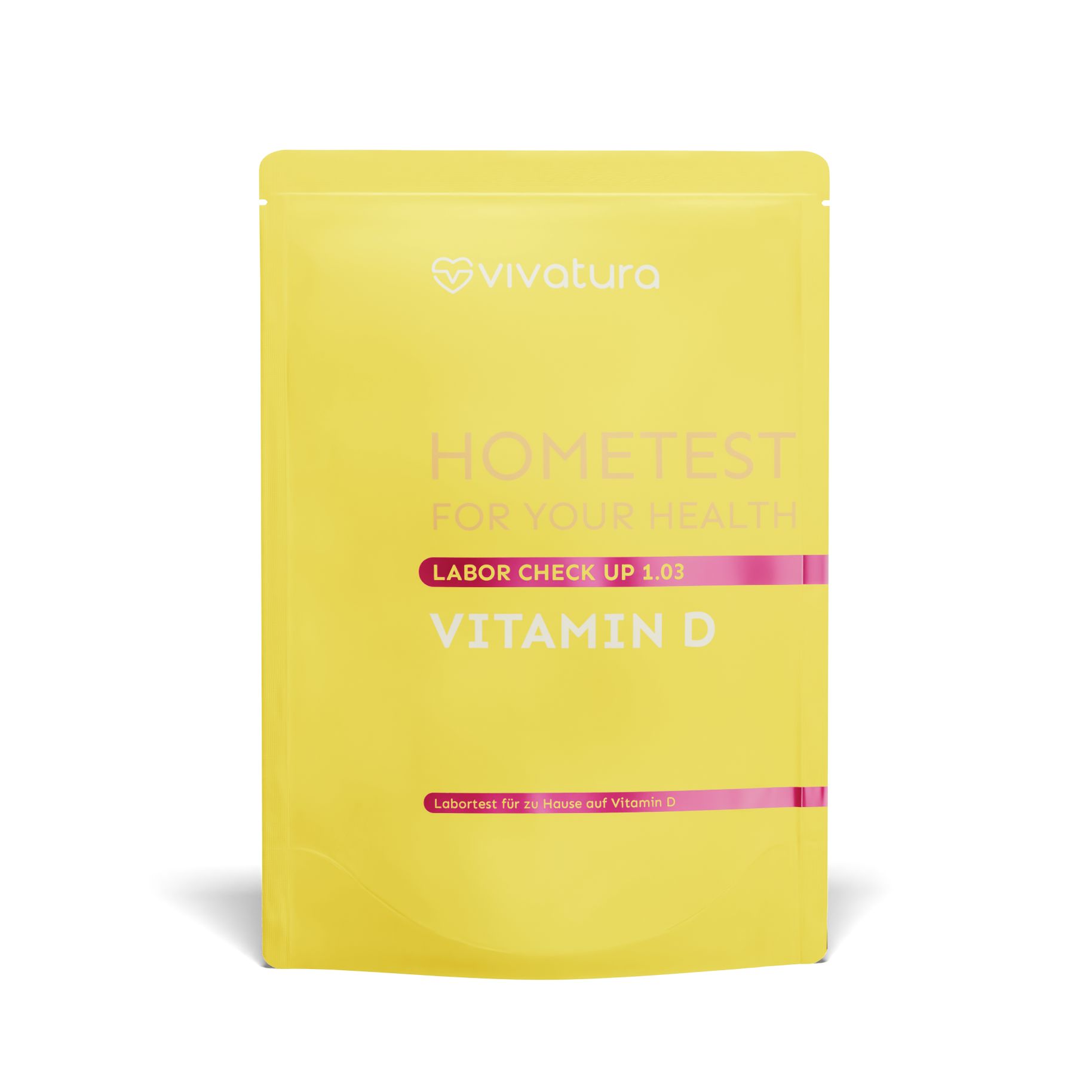 Gelbe Verpackung mit Aufschrift "HOMETEST" und "VITAMIN D". Marke "vivatura" oben. Rosa Akzentstreifen.