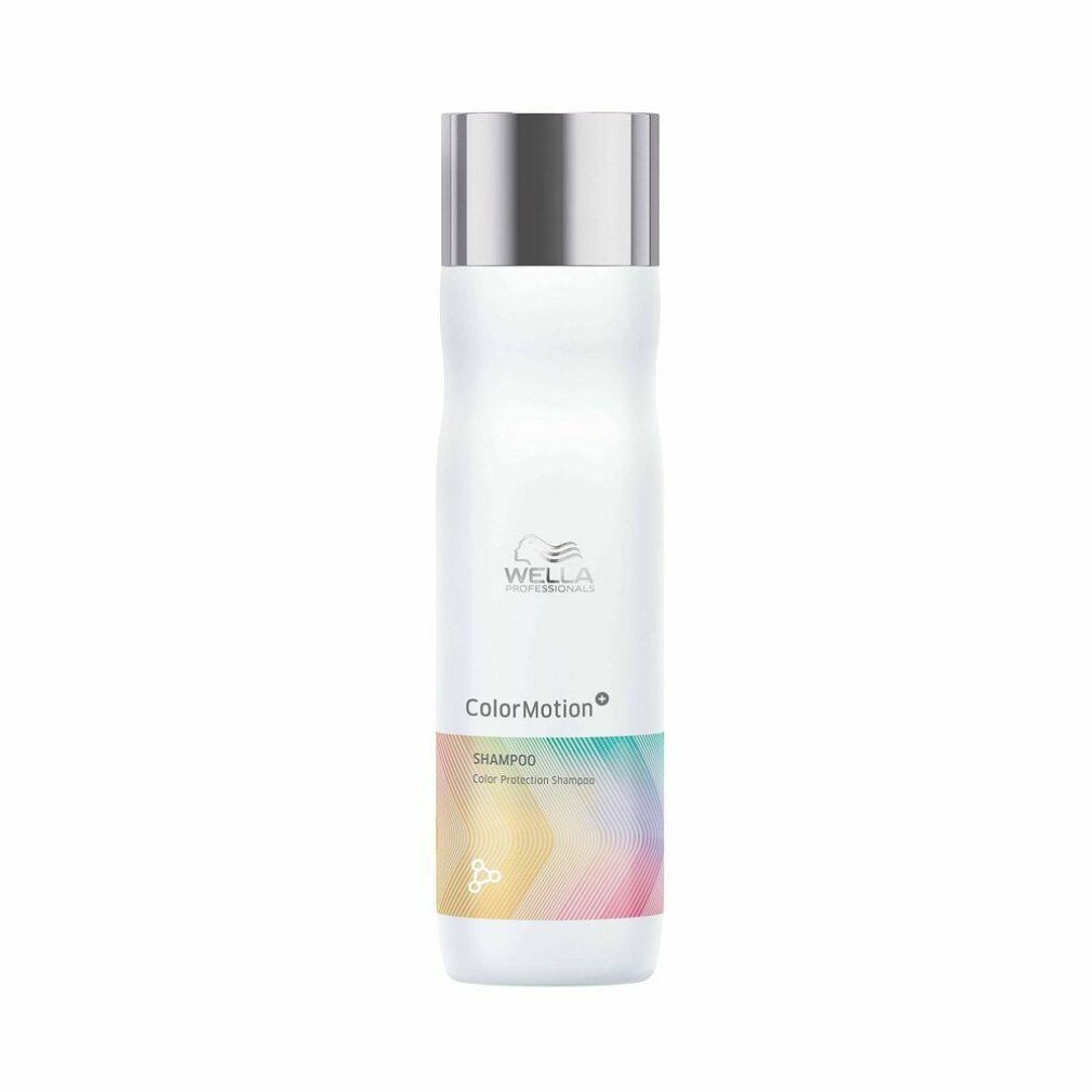 Weiße Shampoo-Flasche mit silbernem Deckel. Aufschrift: Wella ColorMotion Shampoo. Farbiger Aufkleber.